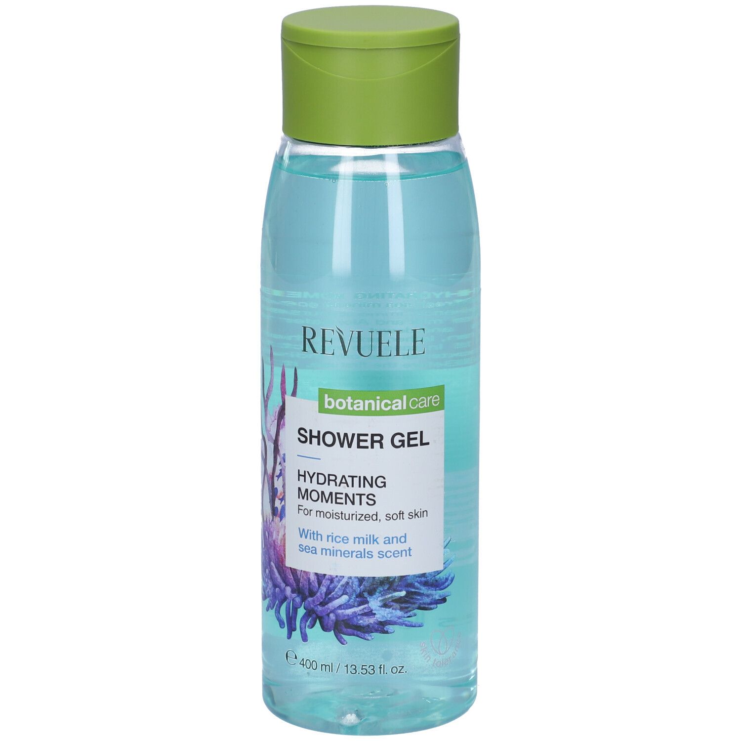 Gel doccia Revuele in flacone trasparente con tappo verde. Scritta: botanical care, Hydrating Moments. Contiene 400 ml.
