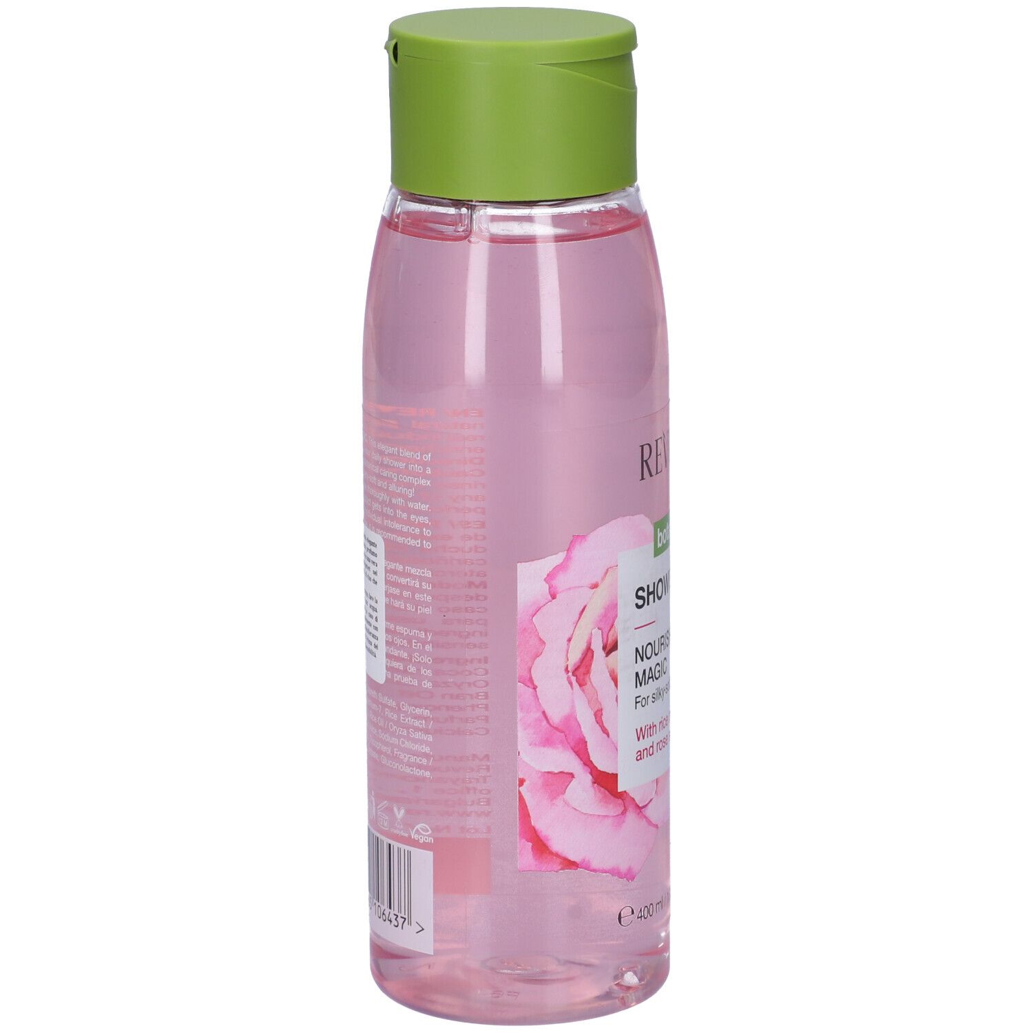 Flacone di gel doccia Revuele, liquido rosa, tappo verde. Retro con testo e codice a barre.