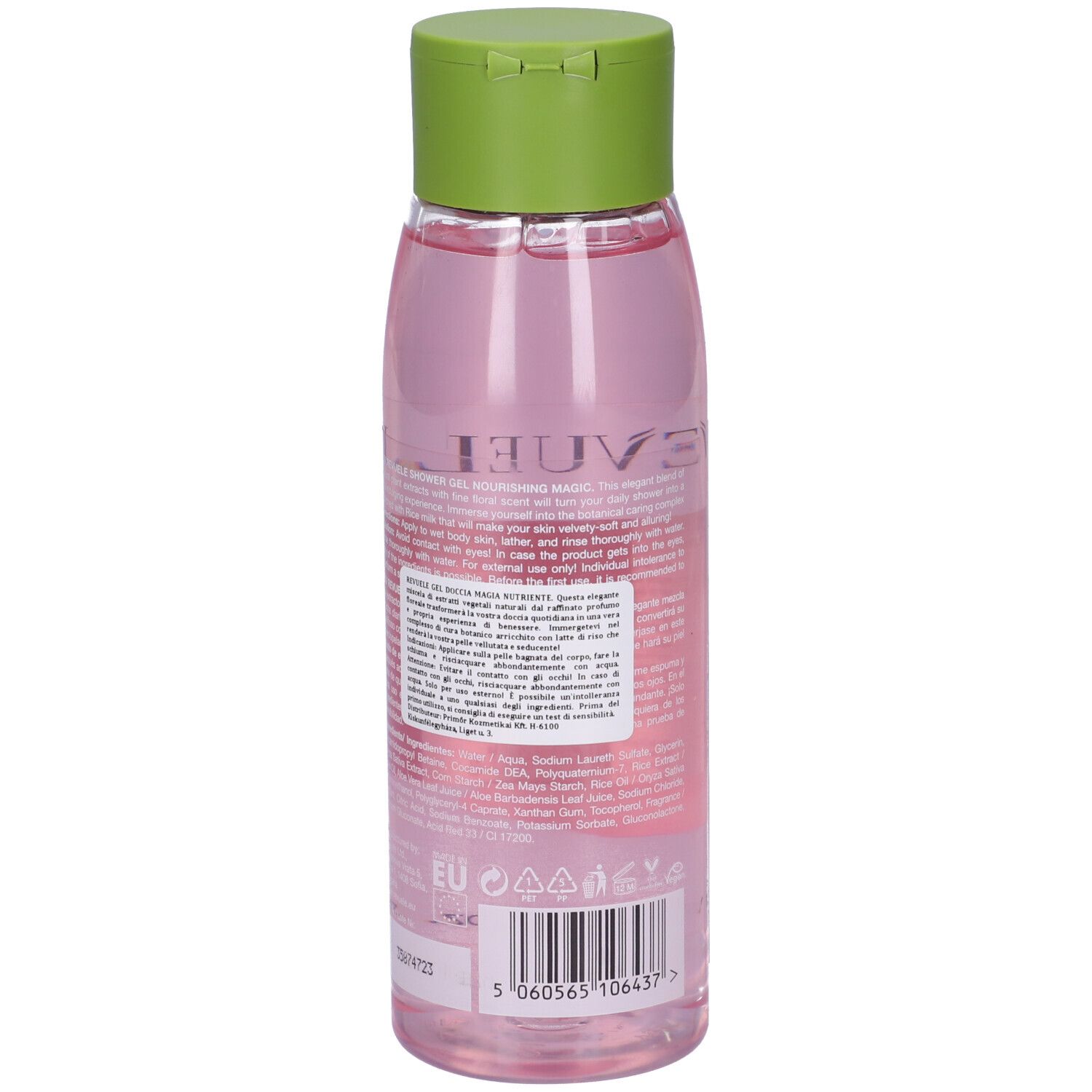 Flacone di gel doccia Revuele, liquido rosa, tappo verde. Retro con testo e codice a barre.