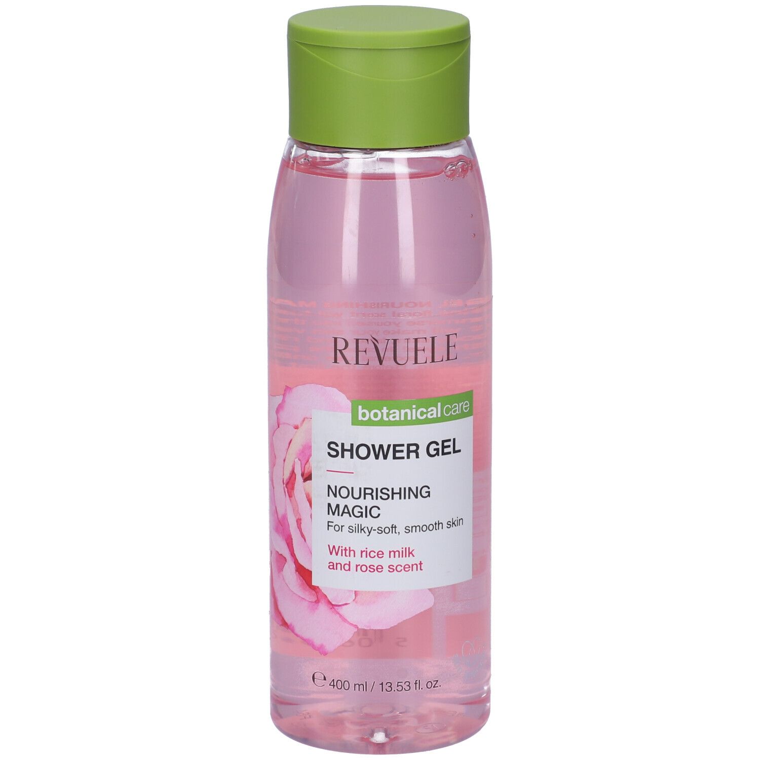 Flacone di gel doccia Revuele, liquido rosa, tappo verde. Scritta: Nourishing Magic, botanical care.