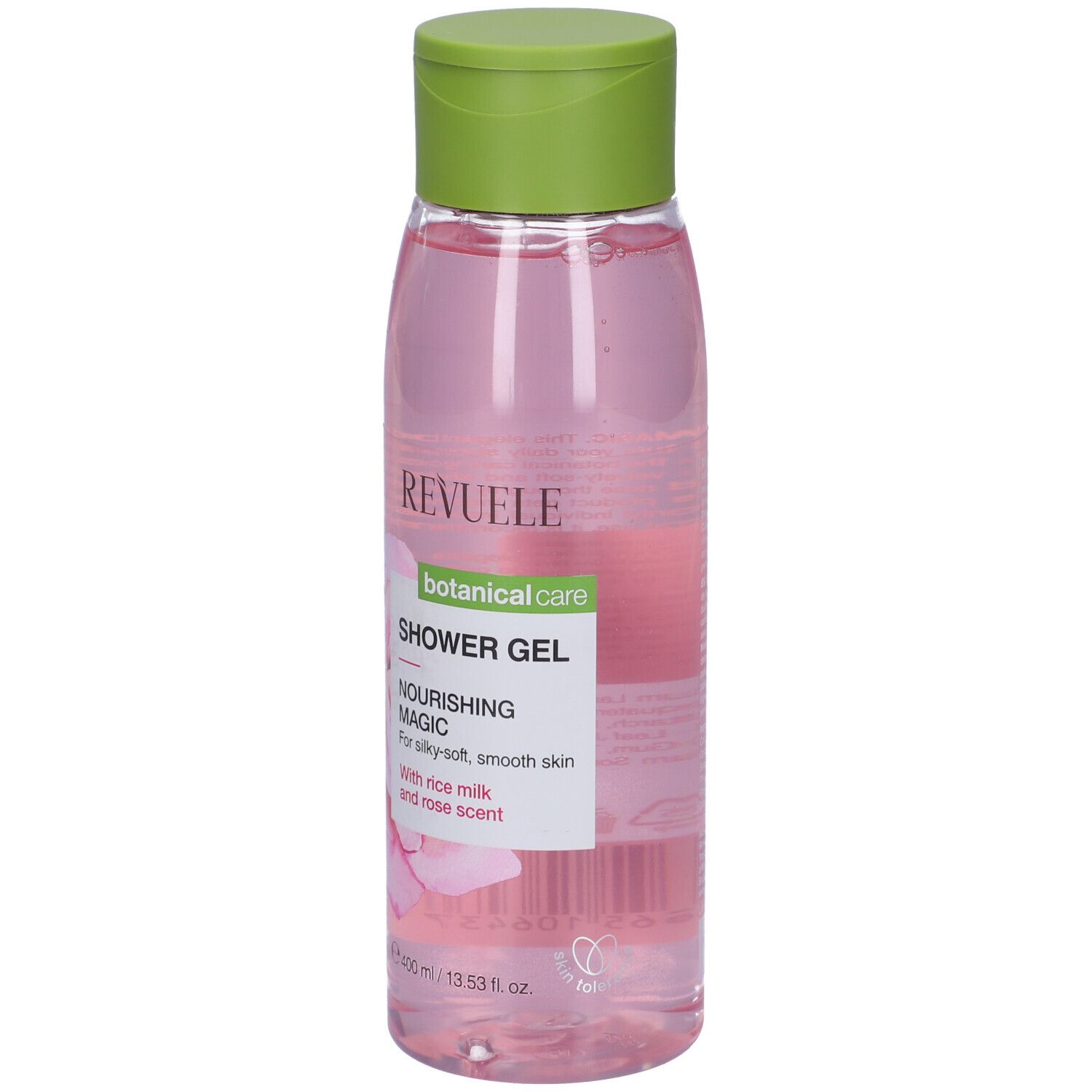 Flacone di gel doccia Revuele, liquido rosa, tappo verde. Scritta: Nourishing Magic, botanical care.