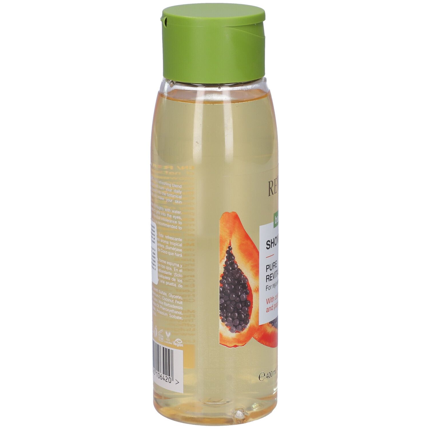 Gel doccia Revuele, flacone trasparente con tappo verde. Etichetta con illustrazione di papaya e testo.