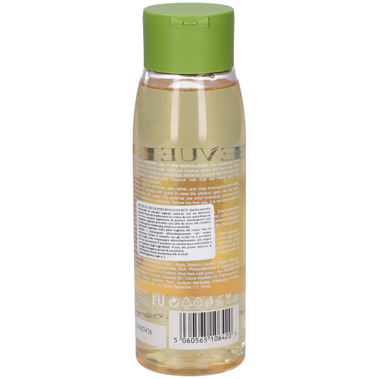 Gel doccia Revuele, flacone trasparente con tappo verde. Retro con testo e codice a barre.