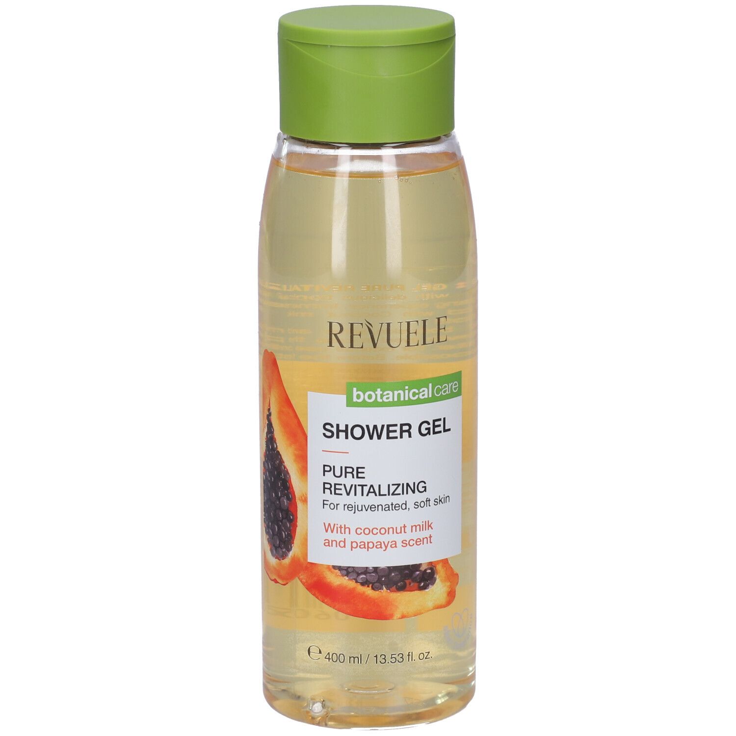 Gel doccia Revuele, flacone trasparente con tappo verde. Etichetta con illustrazione di papaya e testo.