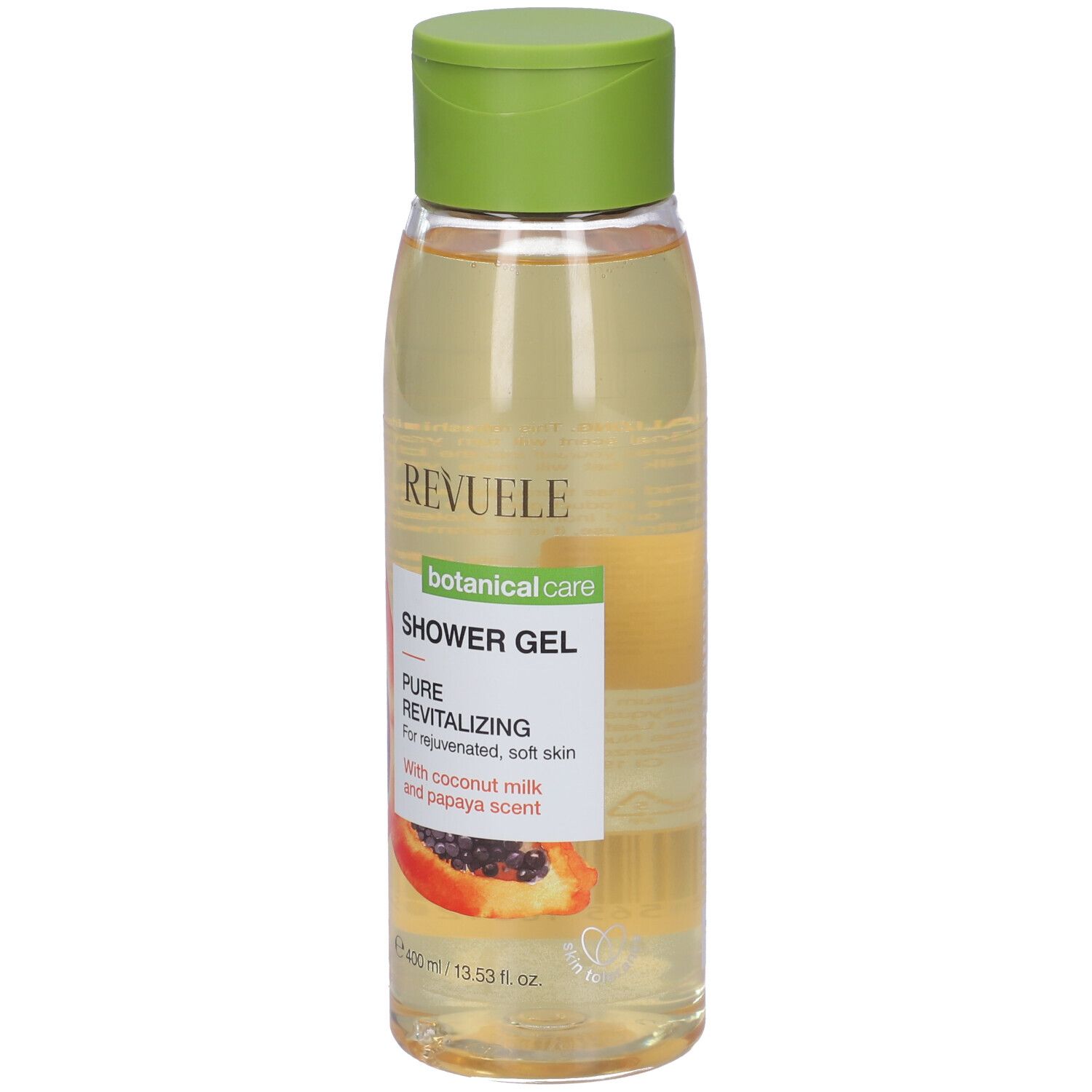 Gel doccia Revuele, flacone trasparente con tappo verde. Etichetta con illustrazione di papaya e testo.