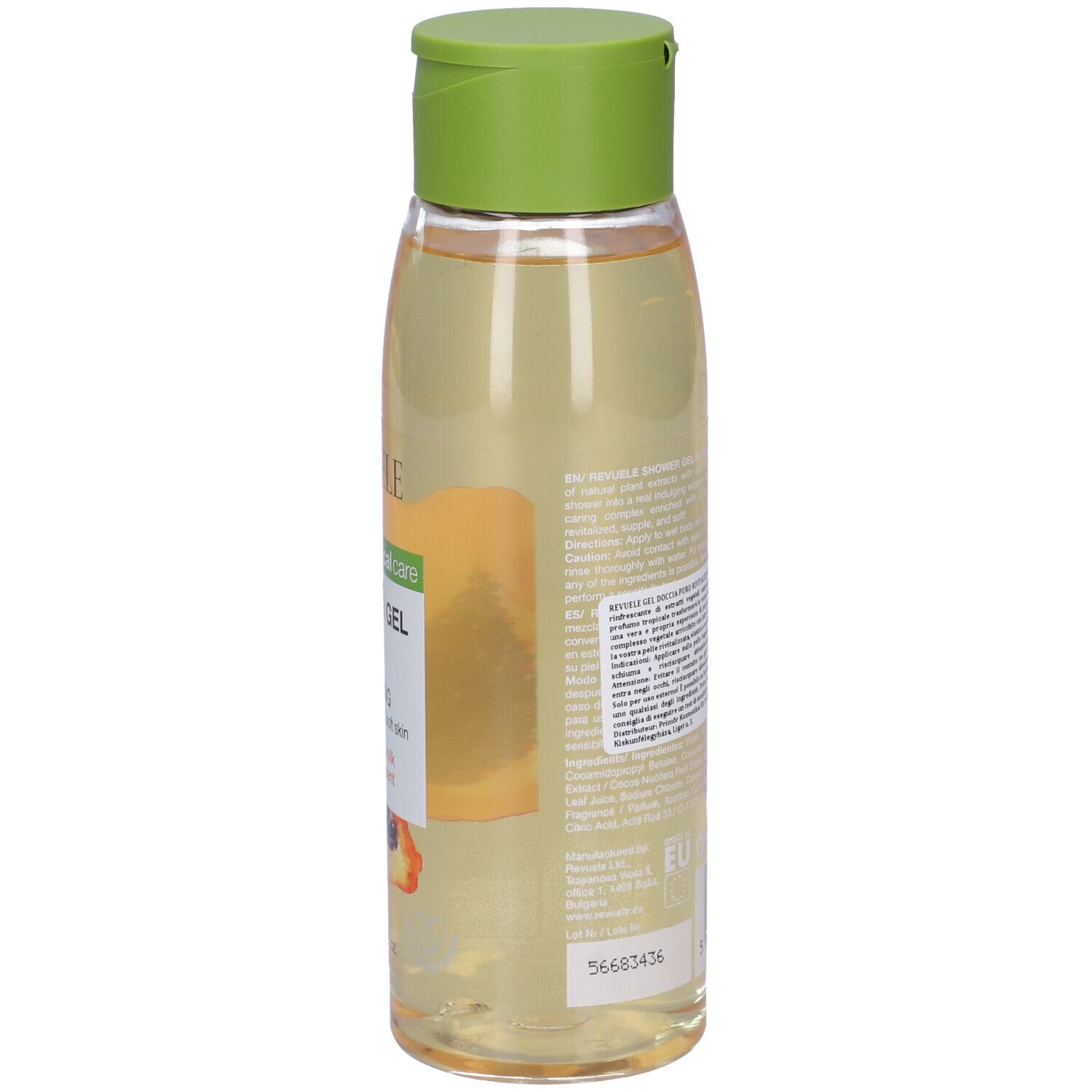 Gel doccia Revuele, flacone trasparente con tappo verde. Retro con testo e codice a barre.