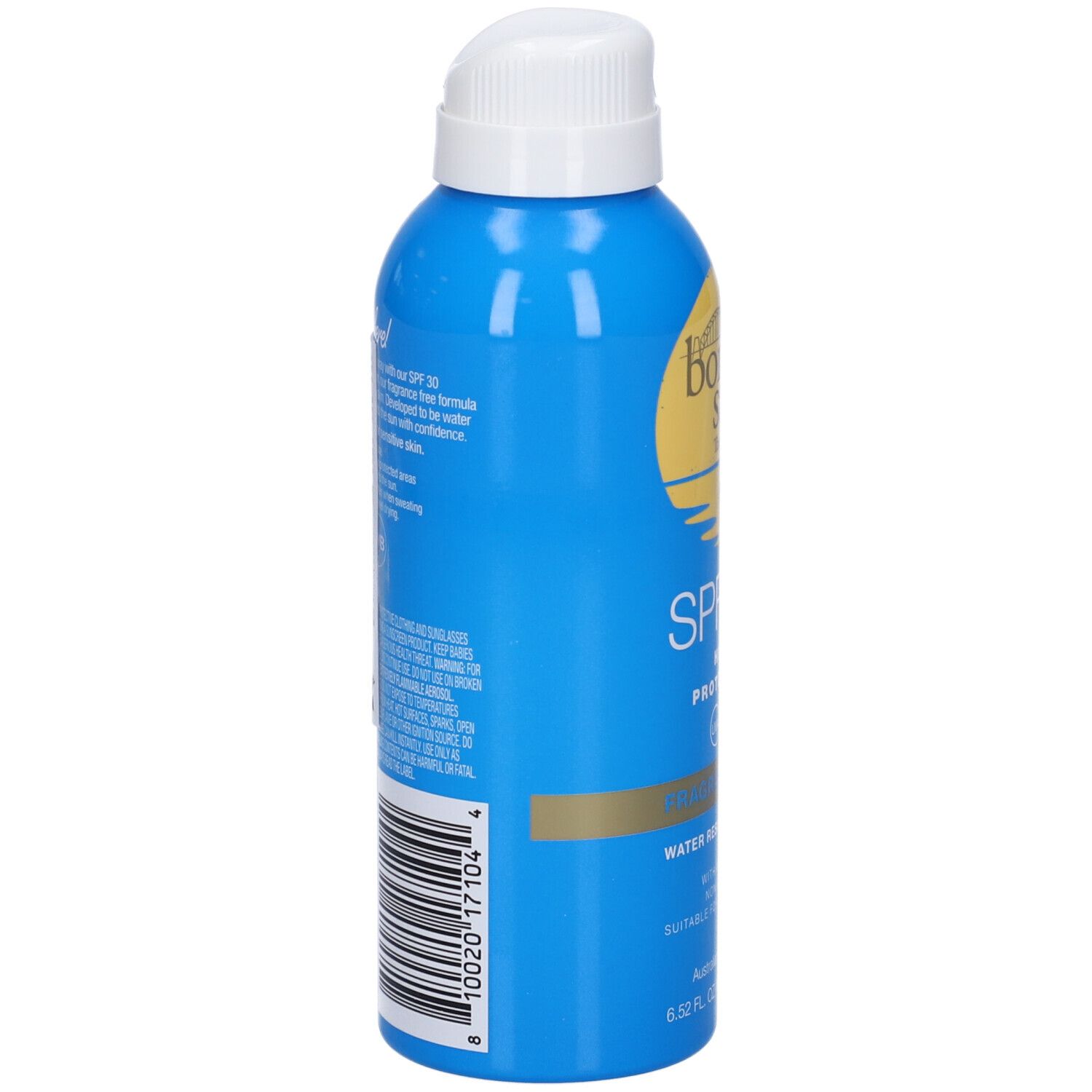 Flacone spray blu con tappo bianco. Scritte e codice a barre. Testo multilingue. Contiene informazioni sull'uso e sugli ingredienti.
