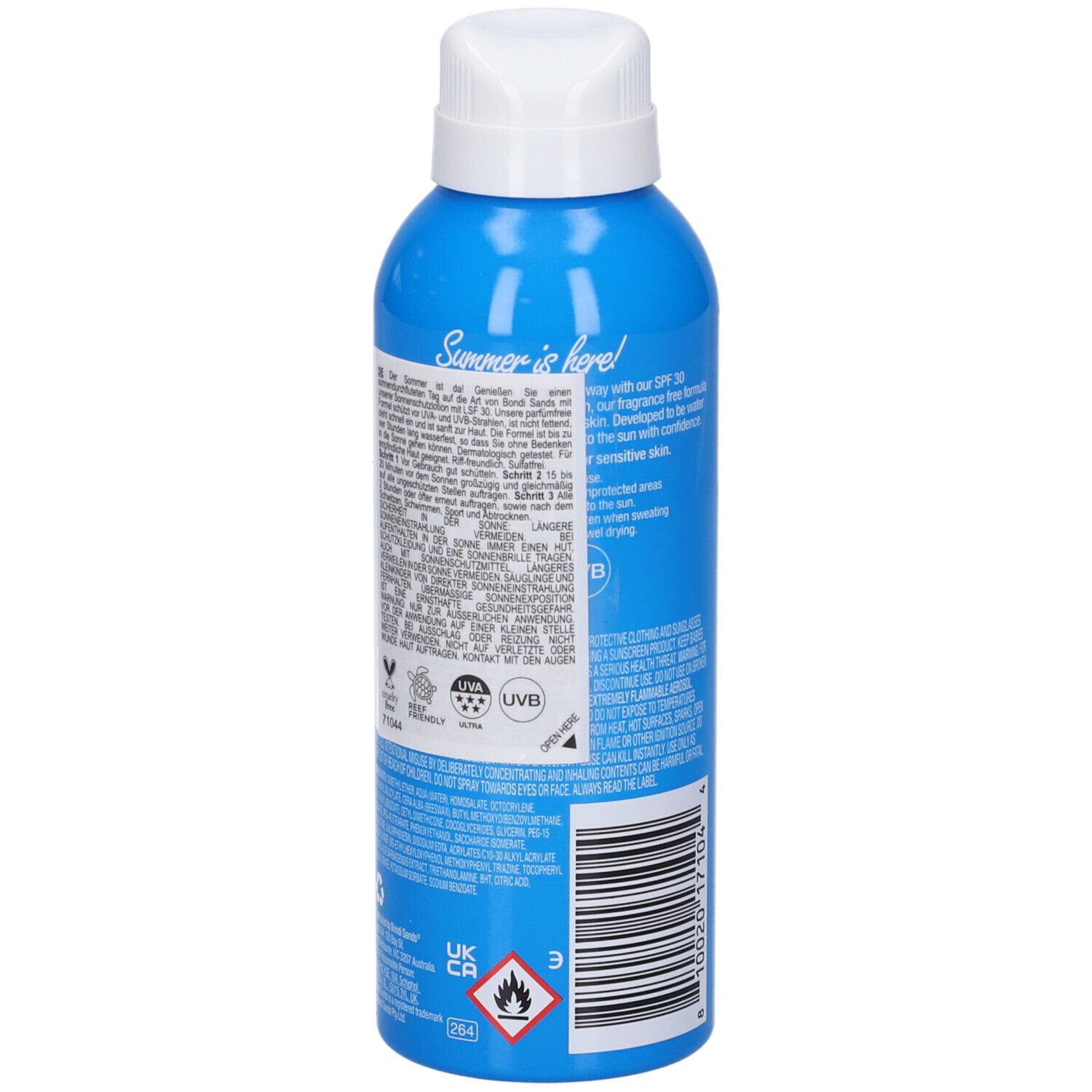 Flacone spray blu con tappo bianco. Retro con testo multilingue. Contiene informazioni sull'uso e sugli ingredienti.