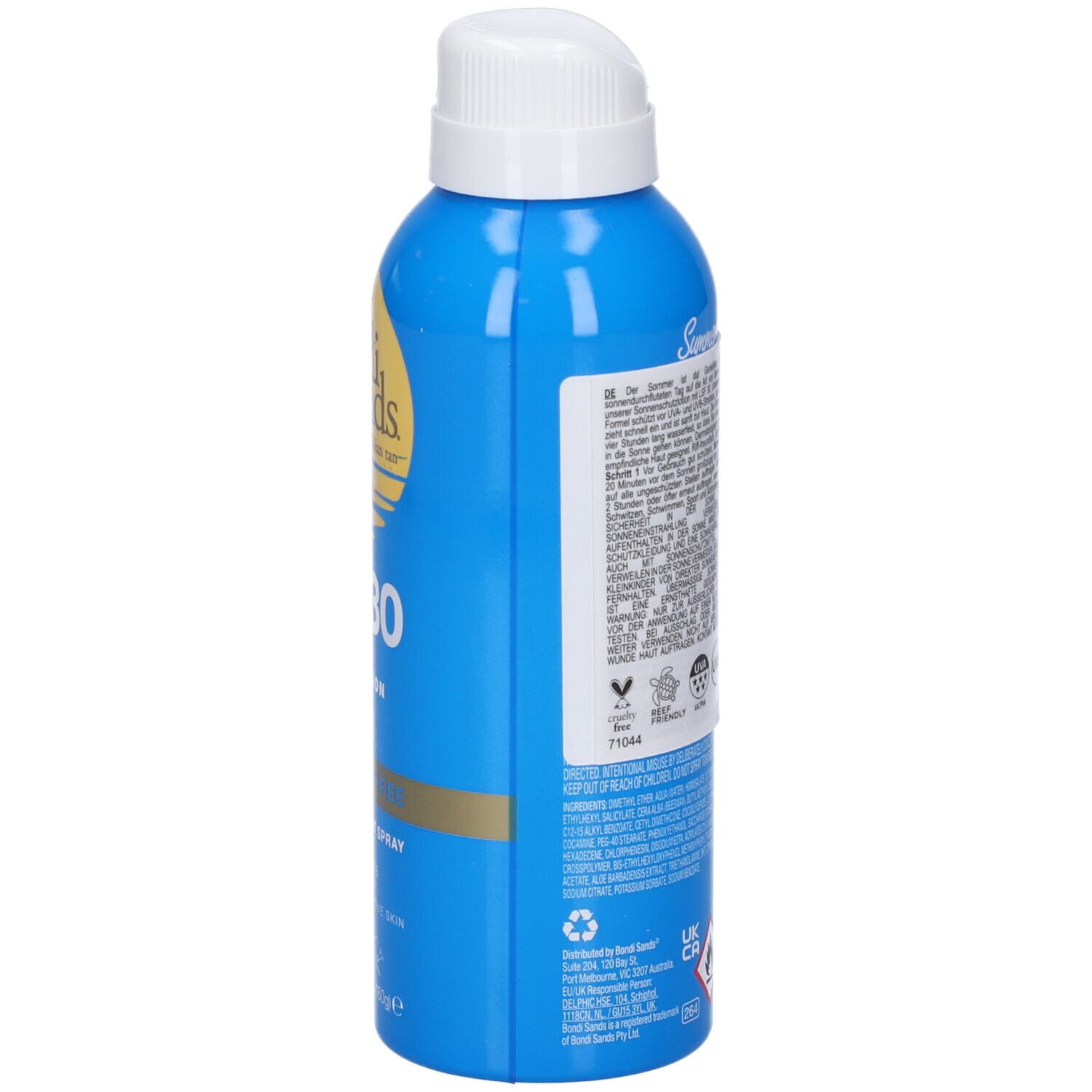 Flacone spray blu con tappo bianco. Scritte e testo multilingue. Contiene informazioni sull'uso e sugli ingredienti.