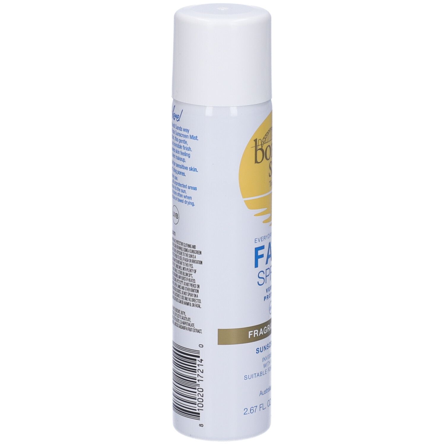Spray bianco, vista laterale. Testo: Bondi Sands, Face SPF 50+. Ingredienti e istruzioni per l'uso.