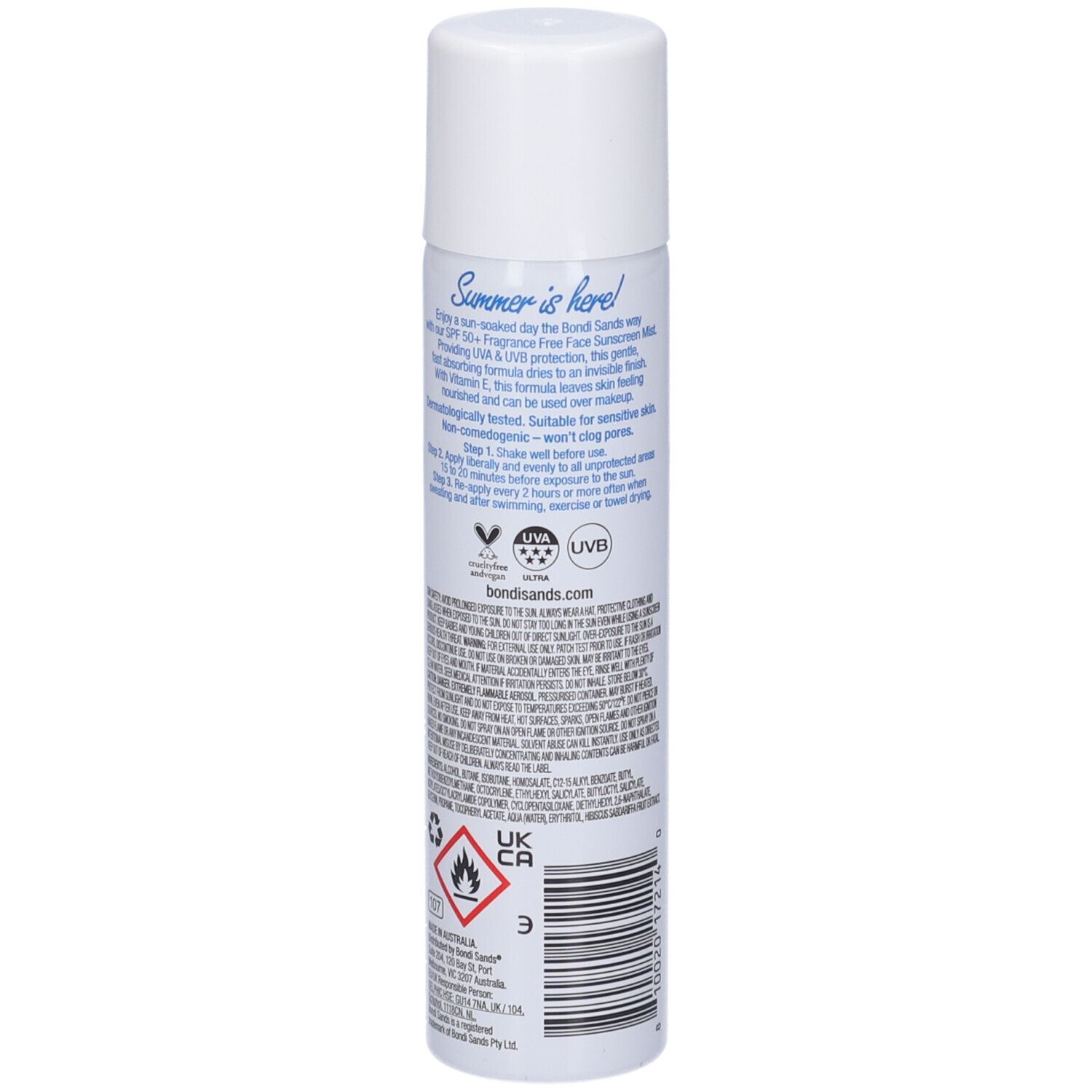 Spray bianco, retro. Testo: Bondi Sands, Face SPF 50+. Avvertenze, ingredienti, contatti.