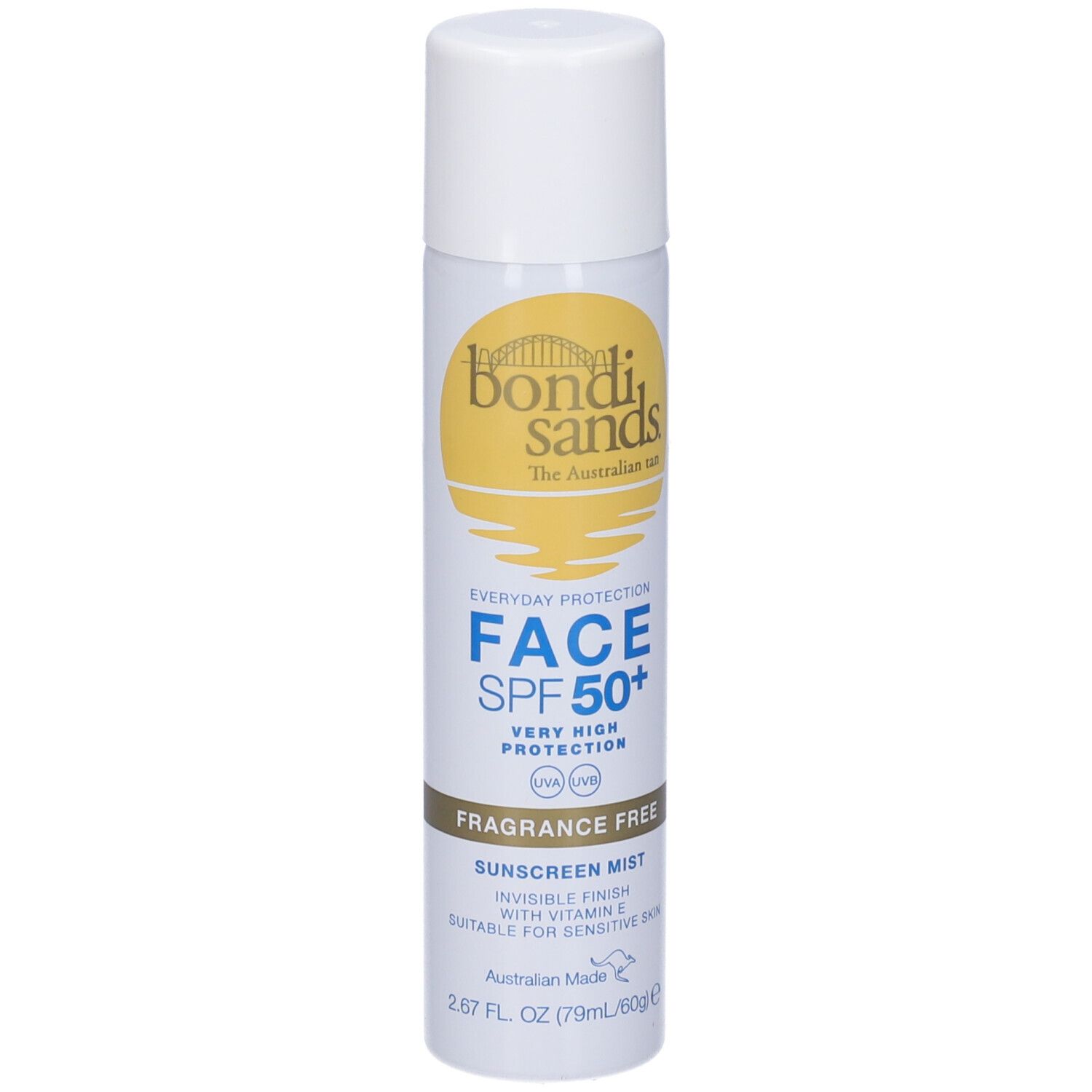 Spray bianco con etichetta gialla. Testo: Bondi Sands, Face SPF 50+, senza profumo. Nebbia solare.