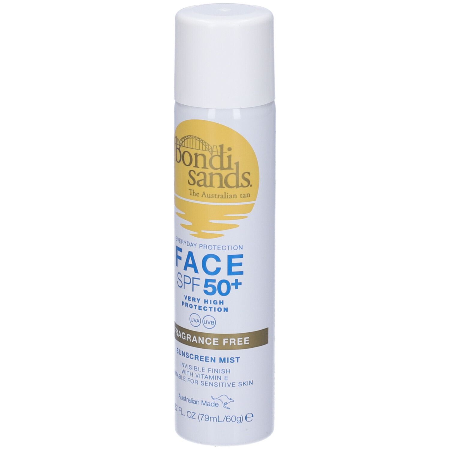 Spray bianco con etichetta gialla. Testo: Bondi Sands, Face SPF 50+, senza profumo. Nebbia solare.