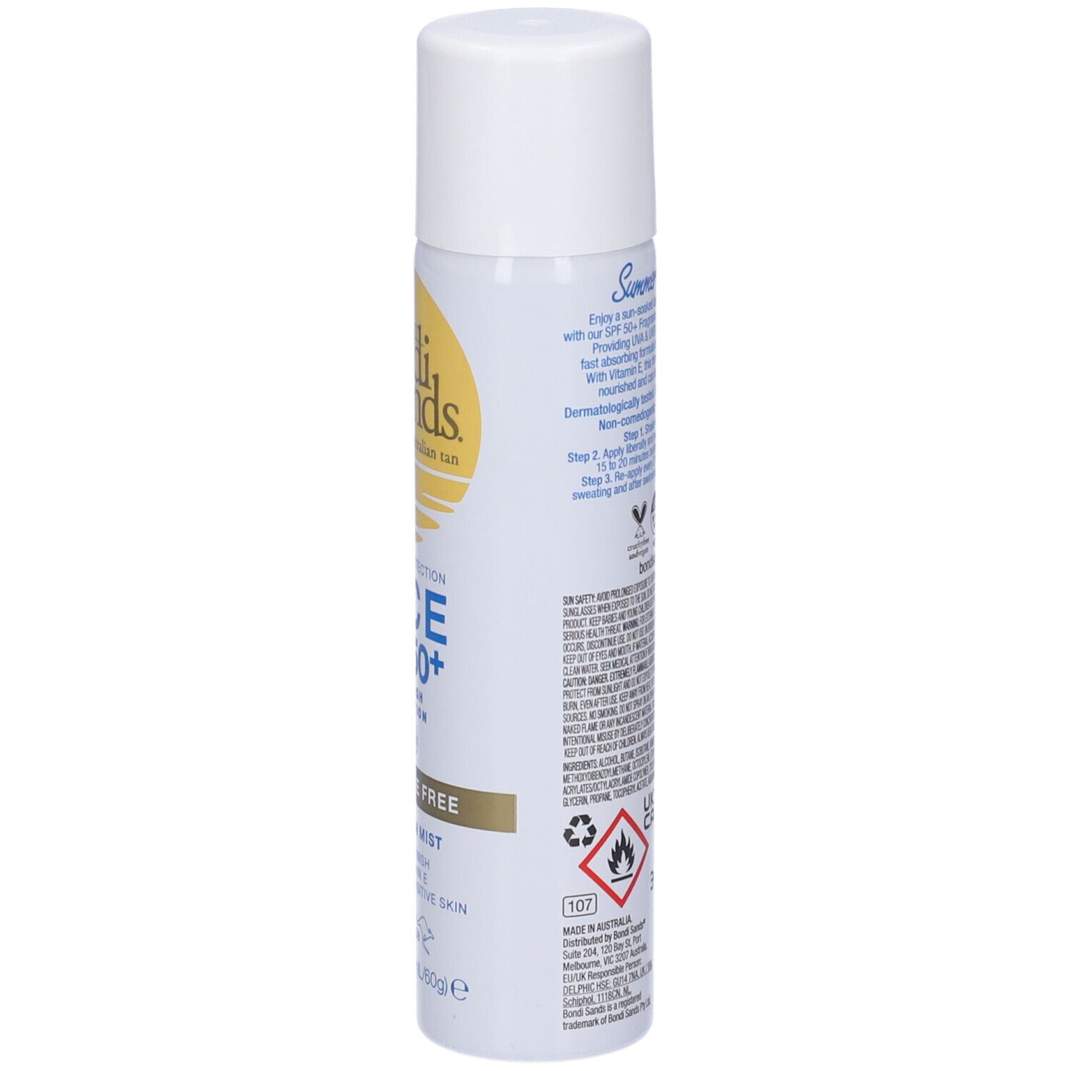 Spray bianco, vista laterale. Testo: Bondi Sands, Face SPF 50+. Avvertenze, ingredienti, contatti.