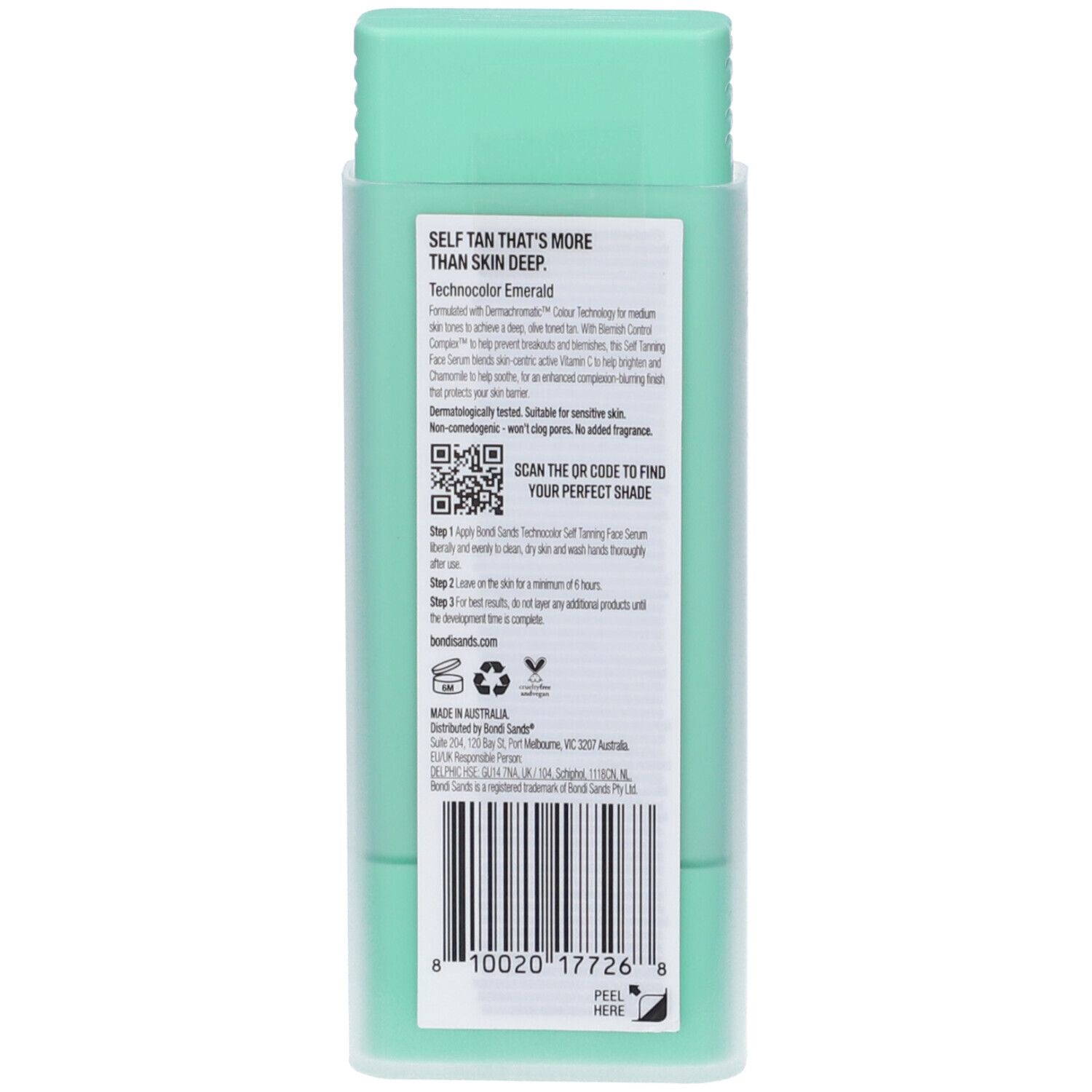 Retro del flacone turchese. Testo: "SELF TAN THAT'S MORE THAN SKIN DEEP". Codice a barre e QR code.