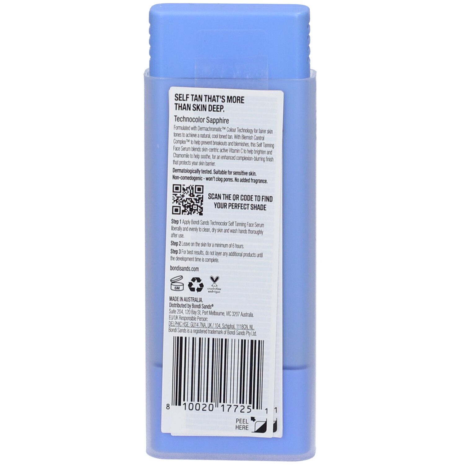 Retro del siero blu Bondi Sands. Testo: Self Tan, Technocolor Sapphire. Codice QR ed etichetta.