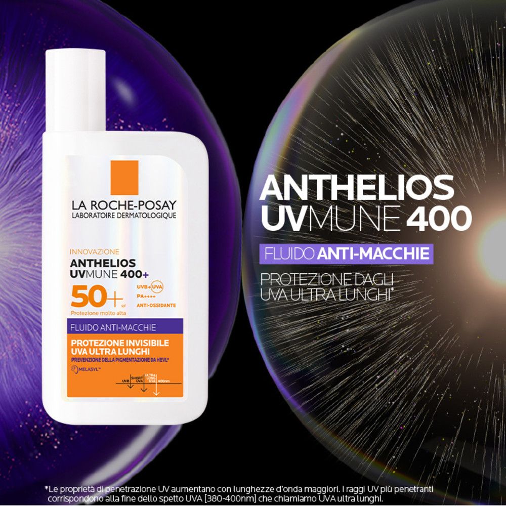 Flacone La Roche-Posay Anthelios UVMune 400+ Fluido Anti-macchie SPF50+ con grafica.