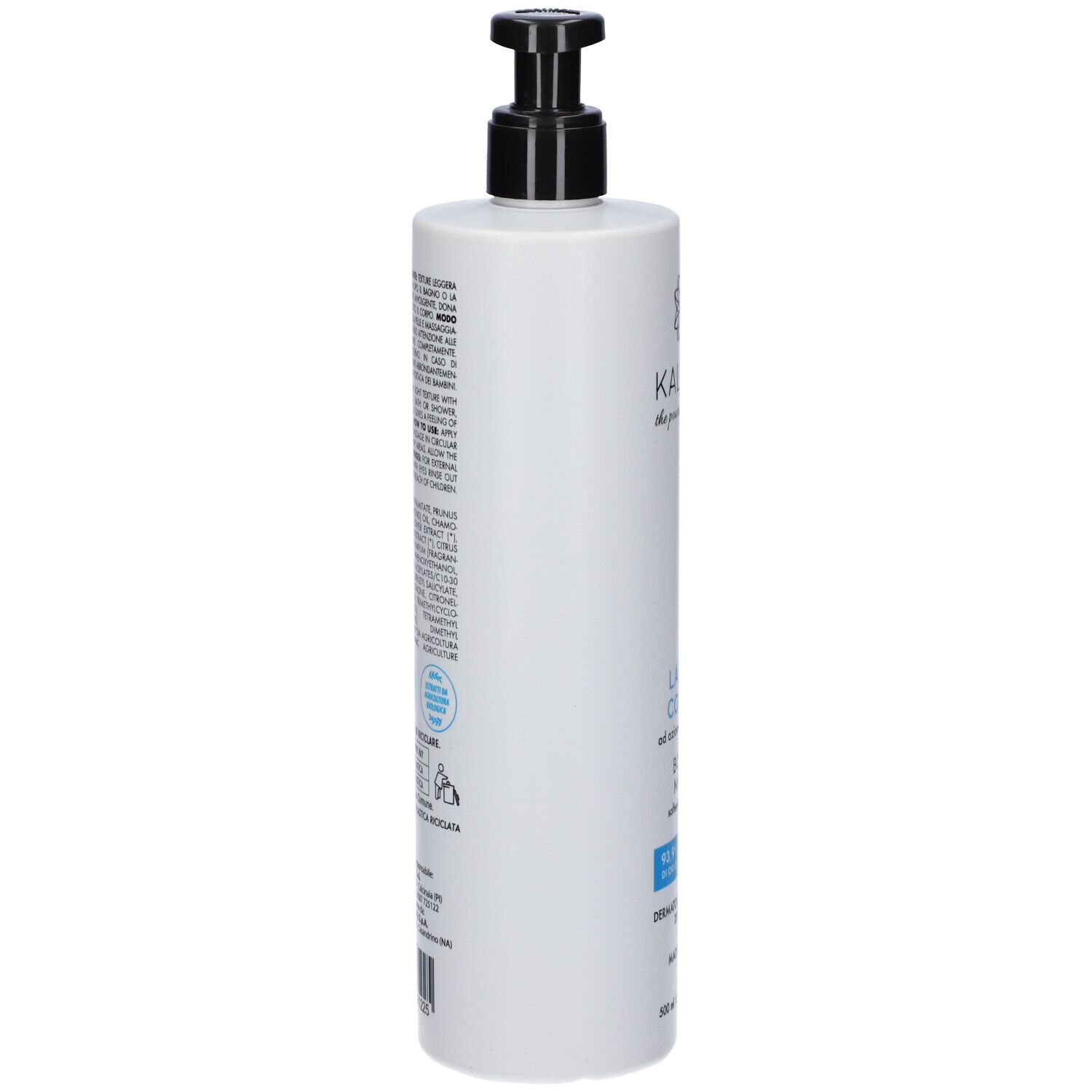 Flacone bianco con dosatore nero. Testo sul retro. Adesivi blu con testo. Informazioni sul prodotto.