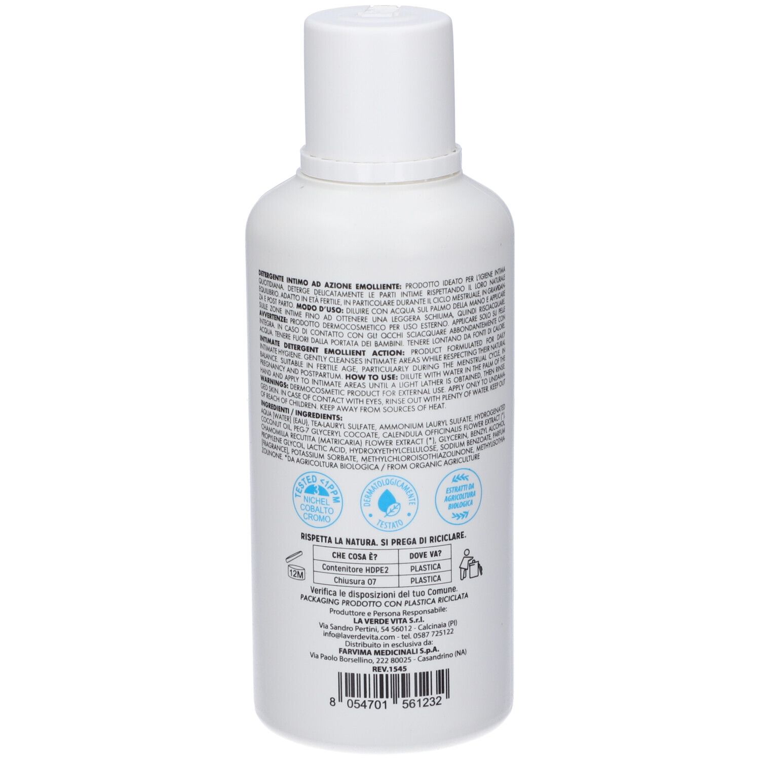 Flacone bianco, vista posteriore. Testo sull'etichetta. Informazioni sugli ingredienti, riciclo e produttore. Codice a barre.