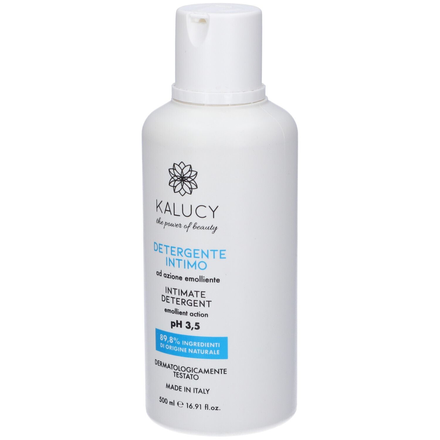 Flacone bianco con etichetta blu. Scritta: Kalucy, Detergente Intimo, pH 3,5, 89,8% ingredienti di origine naturale. Dermatologicamente testato.