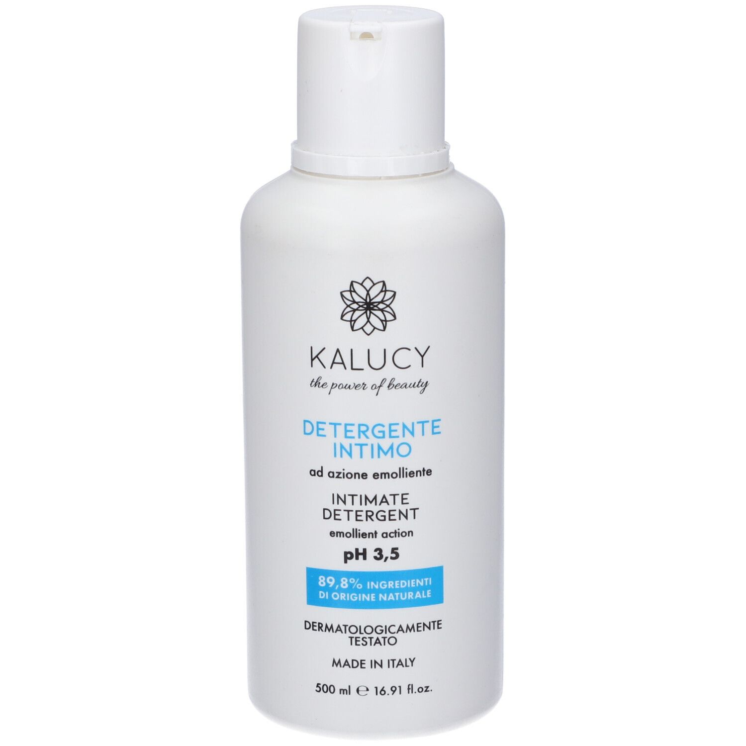 Flacone bianco con etichetta blu. Scritta: Kalucy, Detergente Intimo, pH 3,5, 89,8% ingredienti di origine naturale. Dermatologicamente testato.