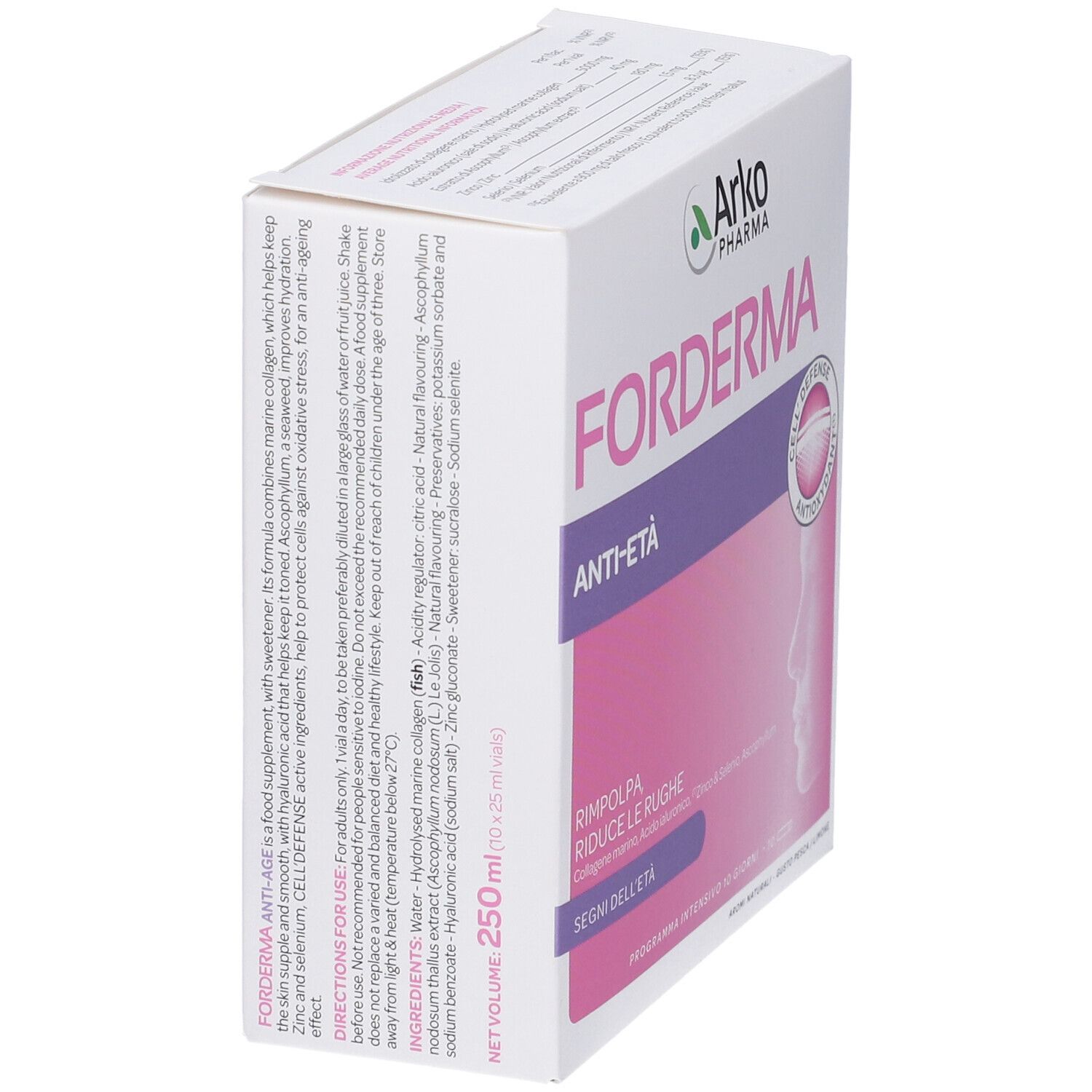 Scatola bianca con logo "FORDEMA ANTI-ETA'". Design rosa e viola. Testo e ingredienti sul lato.