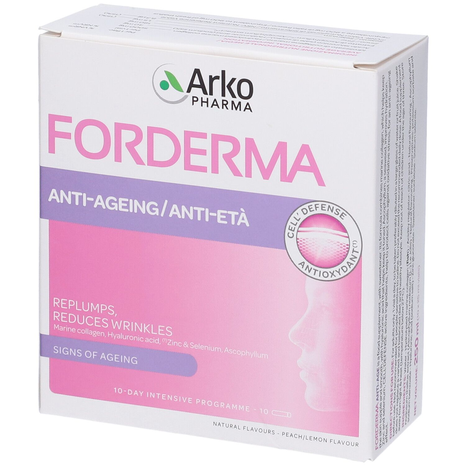 Scatola bianca con logo "FORDEMA ANTI-AGEING/ANTI-ETA'". Design rosa e viola. Testo: "Replumps, Reduces Wrinkles, Signs of Ageing".