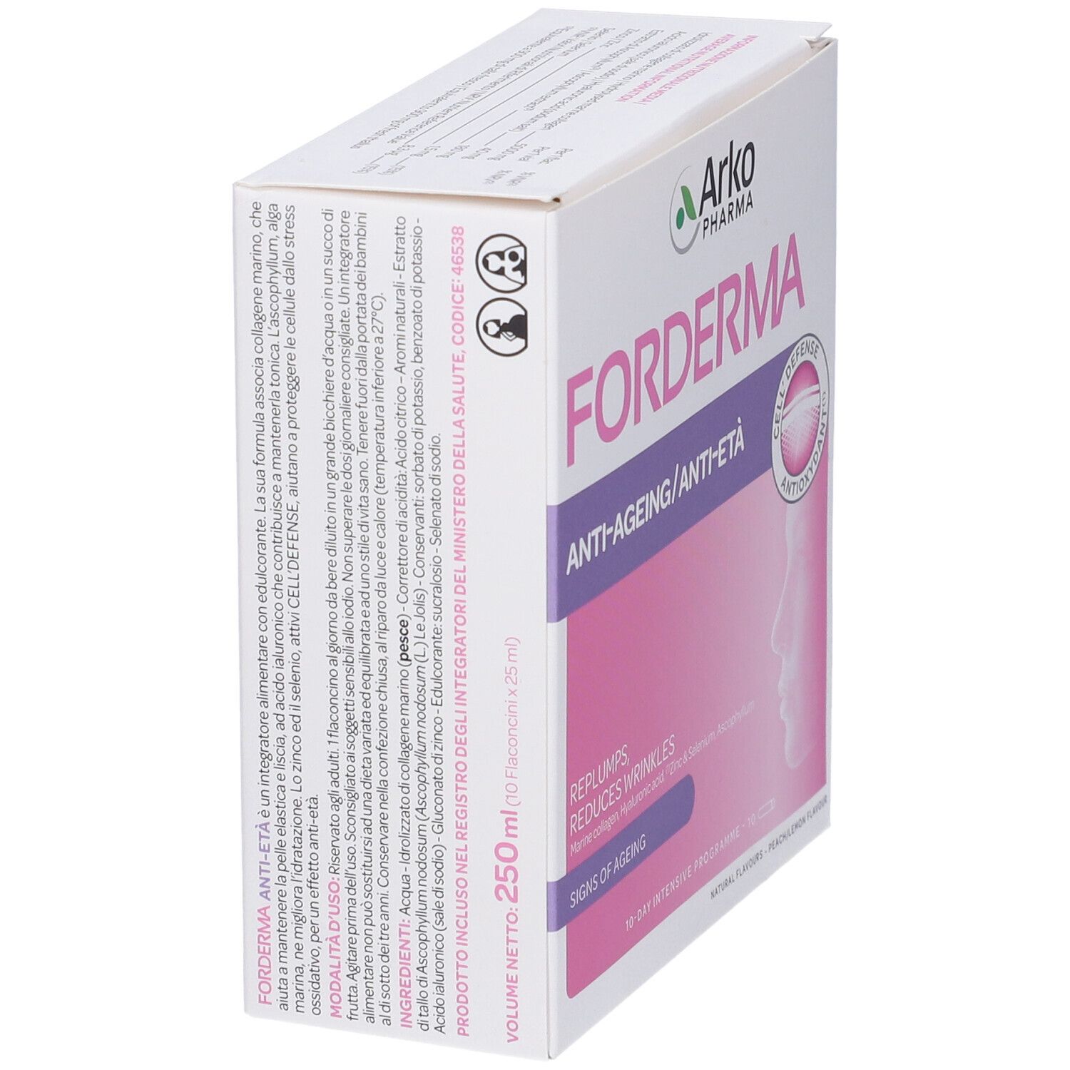 Scatola bianca con logo "FORDEMA ANTI-AGEING/ANTI-ETA'". Design rosa e viola. Testo e ingredienti sul lato.