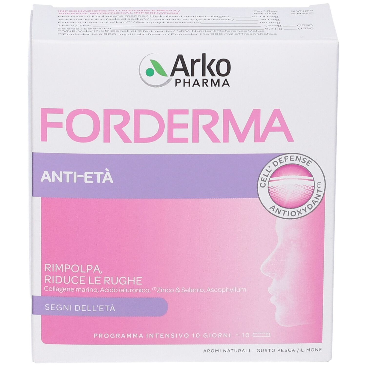 Scatola bianca con logo "FORDEMA ANTI-ETA'". Design rosa e viola. Testo: "Rimpola, Riduce le rughe, Segni dell'età".