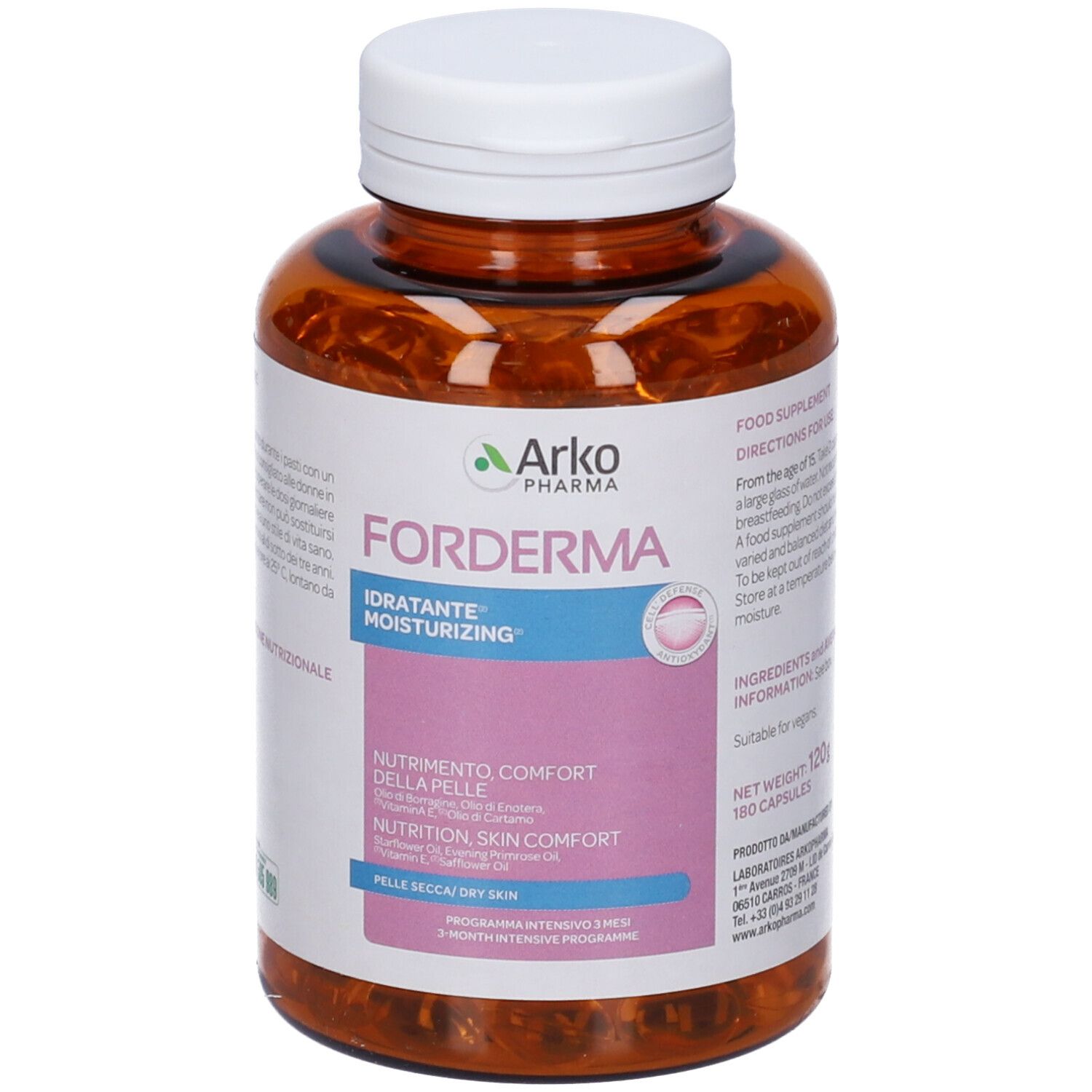 Flacone Forderma Idratante. Bottiglia marrone con tappo bianco. Contiene capsule. Logo Arko Pharma. Testo: Nutrizione, Skin Comfort.