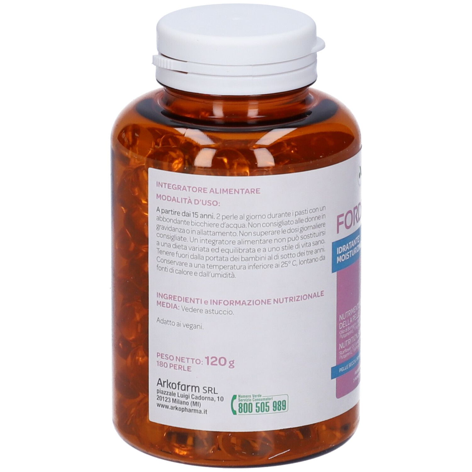 Flacone Forderma Idratante. Bottiglia marrone con tappo bianco. Contiene capsule. Retro con testo e logo. 120g, 180 capsule.