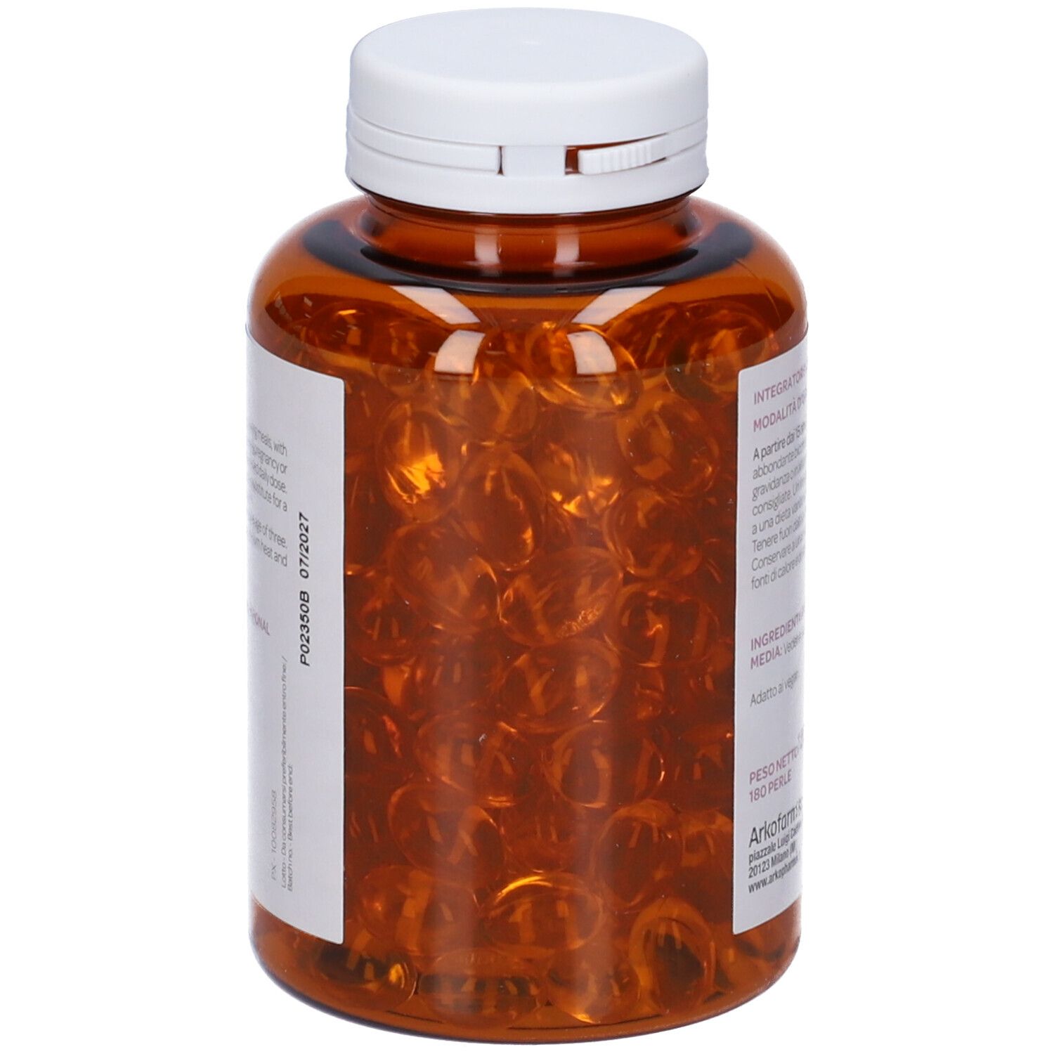 Flacone Forderma Idratante. Bottiglia marrone con tappo bianco. Contiene capsule. Vista laterale con testo. 120g, 180 capsule.