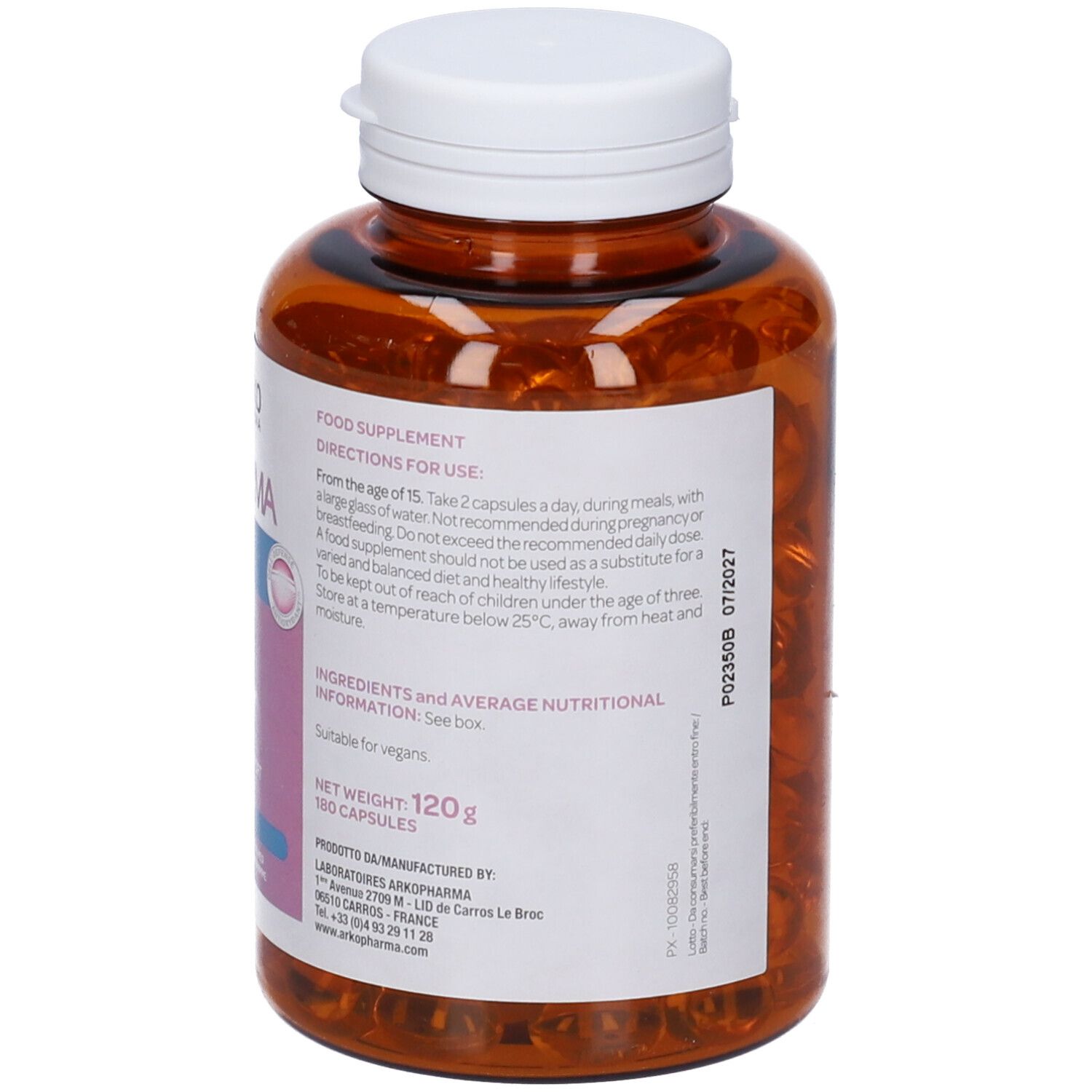 Flacone Forderma Idratante. Bottiglia marrone con tappo bianco. Contiene capsule. Retro con testo. 120g, 180 capsule.