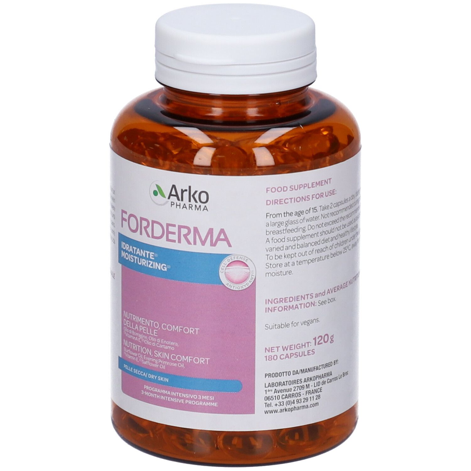 Flacone Forderma Idratante. Bottiglia marrone con tappo bianco. Contiene capsule. Logo Arko Pharma. Testo: Nutrizione, Skin Comfort.