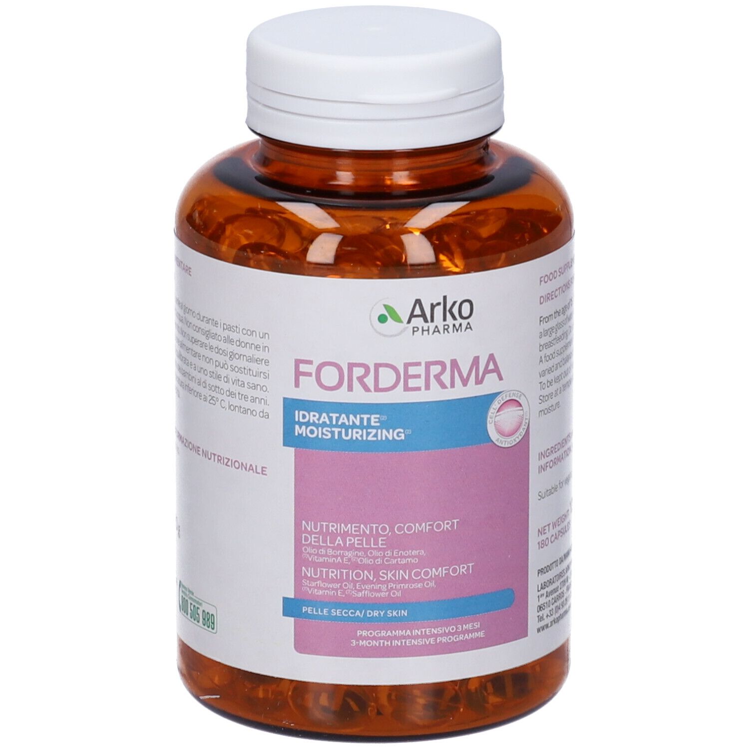 Flacone Forderma Idratante. Bottiglia marrone con tappo bianco. Contiene capsule. Logo Arko Pharma. Testo: Nutrizione, Skin Comfort.