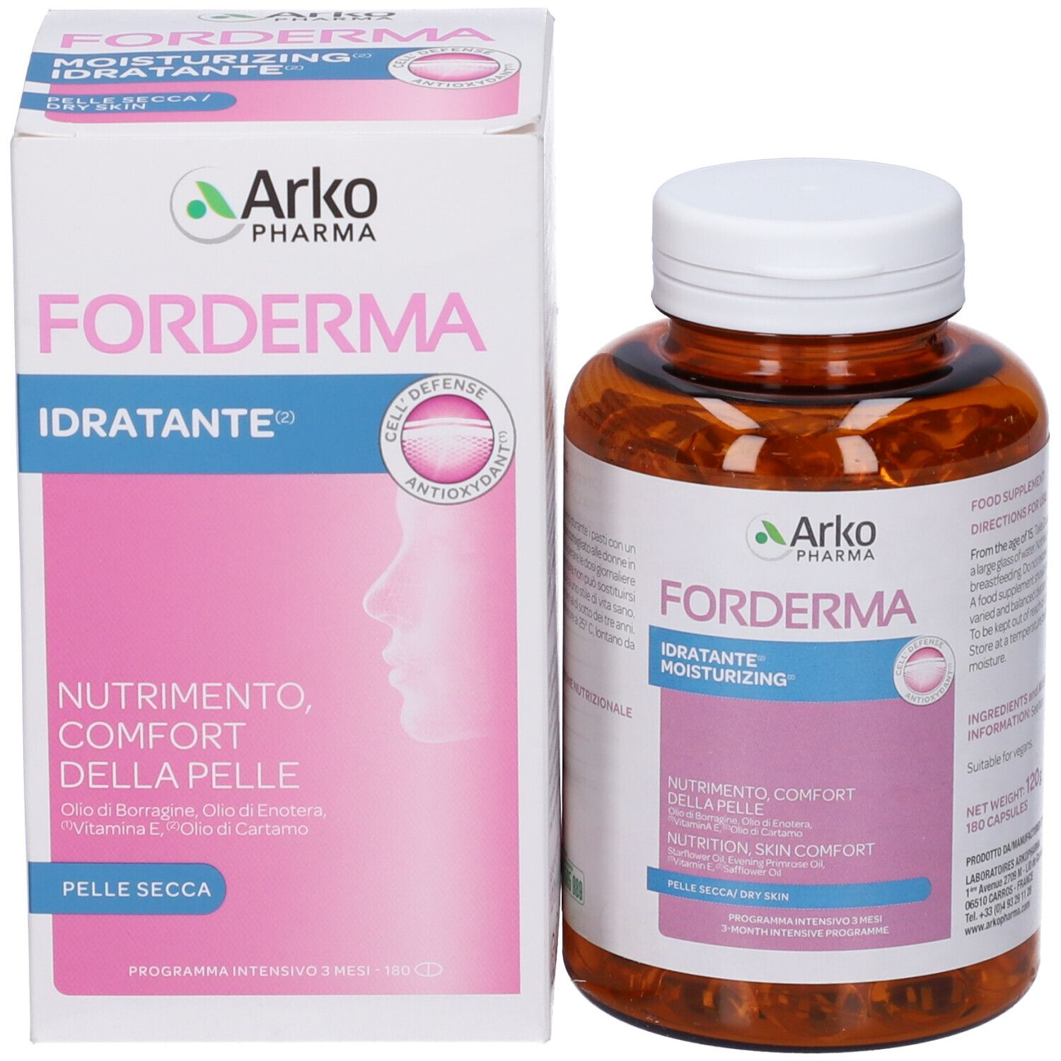 Confezione e flacone Forderma Idratante. Bottiglia marrone con capsule. Logo Arko Pharma. Testo: Nutrizione, Skin Comfort. 180 capsule.