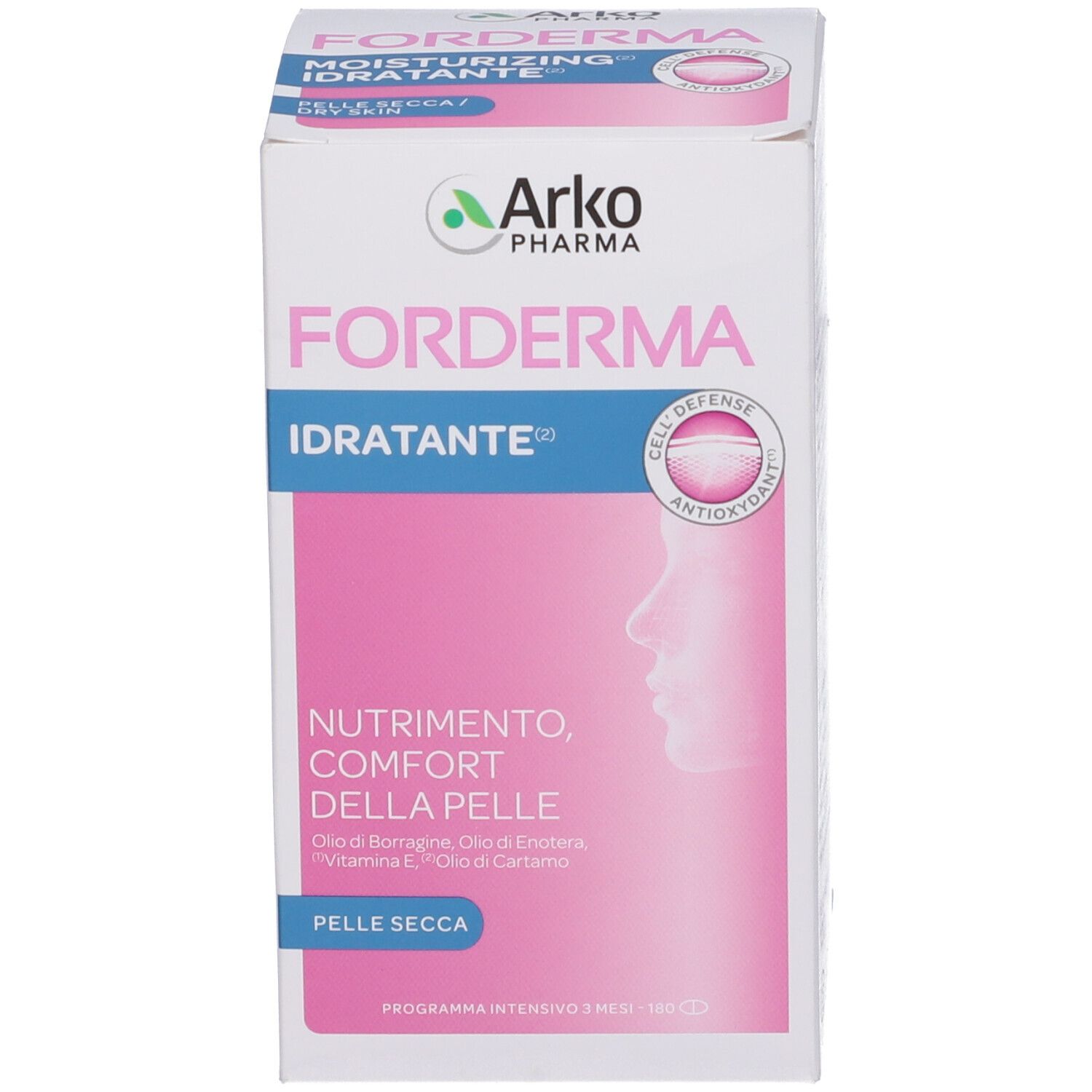 Confezione Forderma Idratante. Design rosa e bianco. Contiene 180 capsule. Logo Arko Pharma. Testo: Nutrizione, Comfort della Pelle.