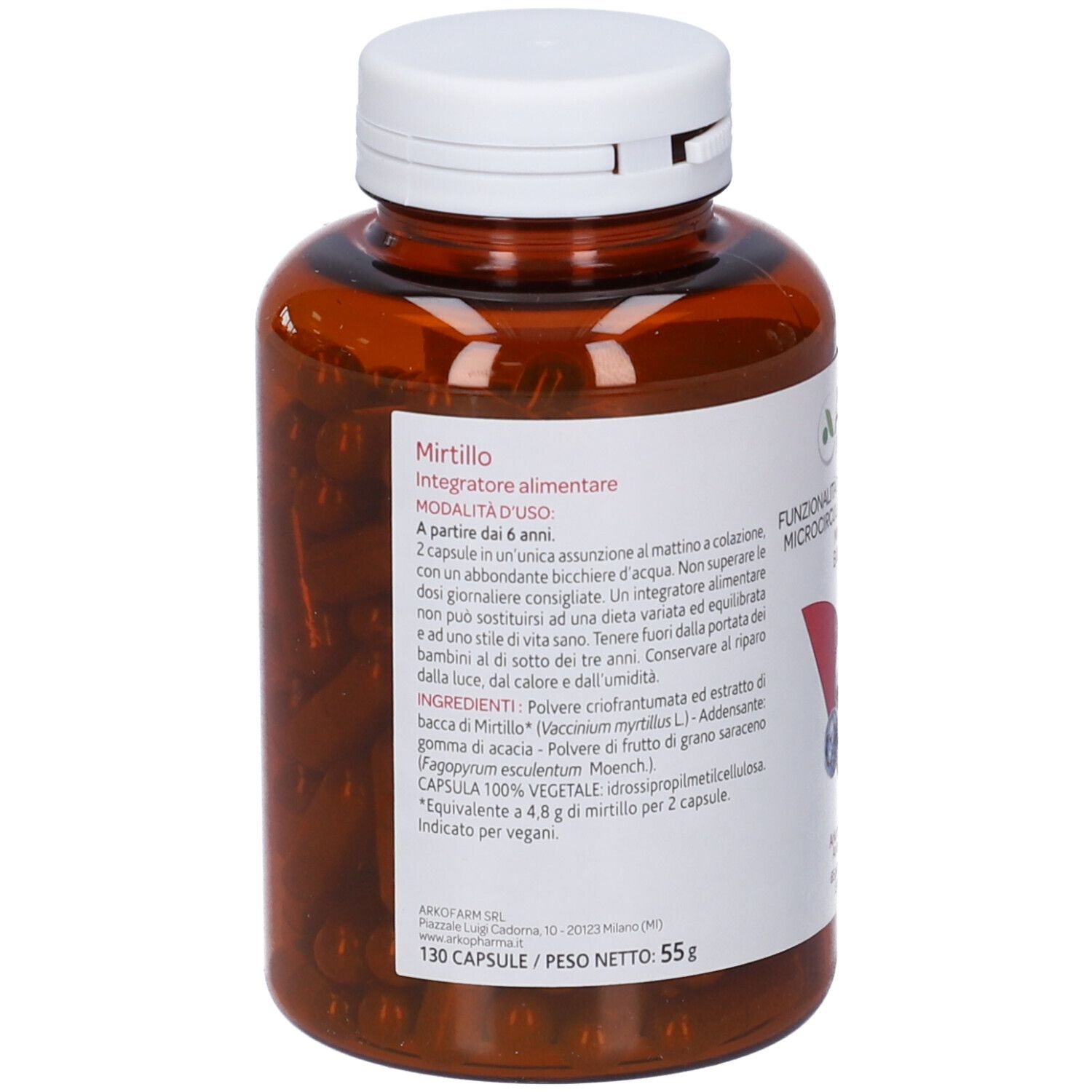 Flacone marrone con tappo bianco. Etichetta con informazioni sul prodotto e mirtilli. Marca: Arko Pharma. 130 capsule.