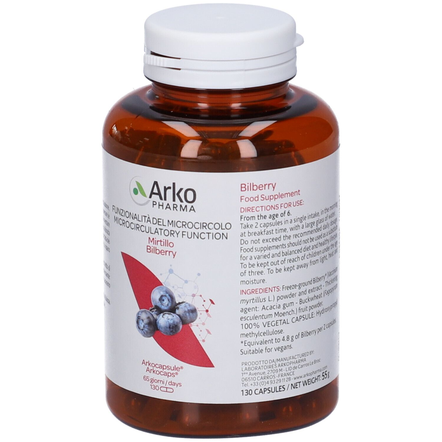 Flacone marrone con tappo bianco. Etichetta con informazioni sul prodotto e mirtilli. Marca: Arko Pharma. 130 capsule.