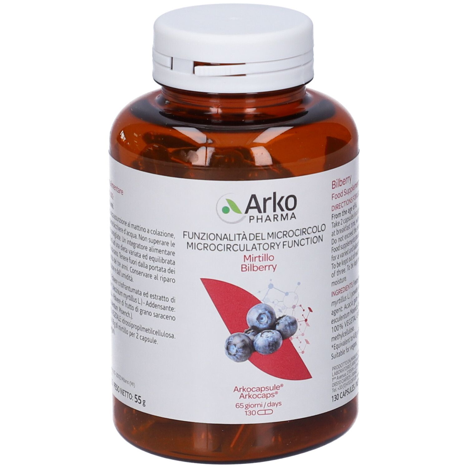 Flacone marrone con tappo bianco. Etichetta con informazioni sul prodotto e mirtilli. Marca: Arko Pharma. 130 capsule.