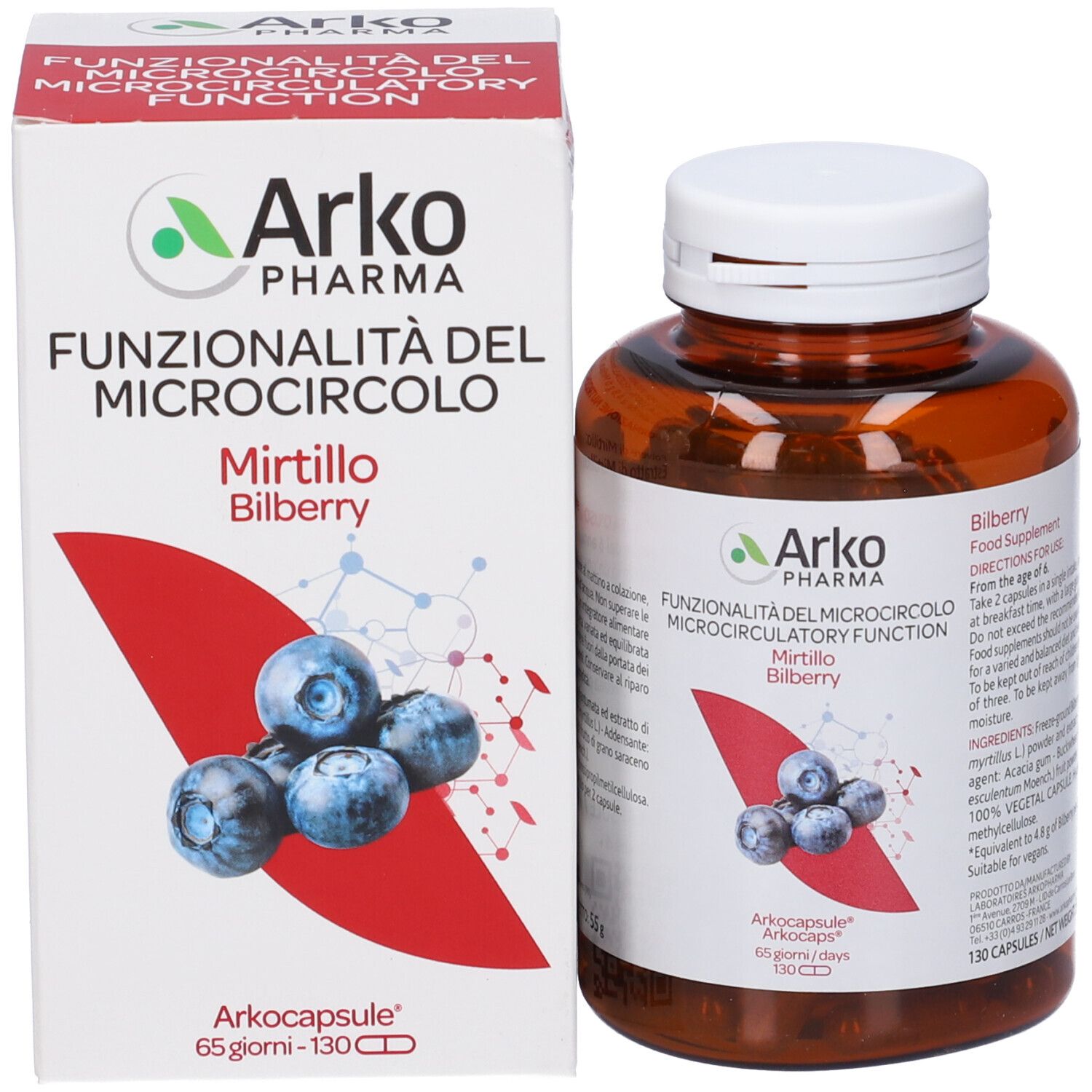 Confezione del prodotto e flacone. Scatola bianca con informazioni sul prodotto e flacone di capsule. Marca: Arko Pharma.