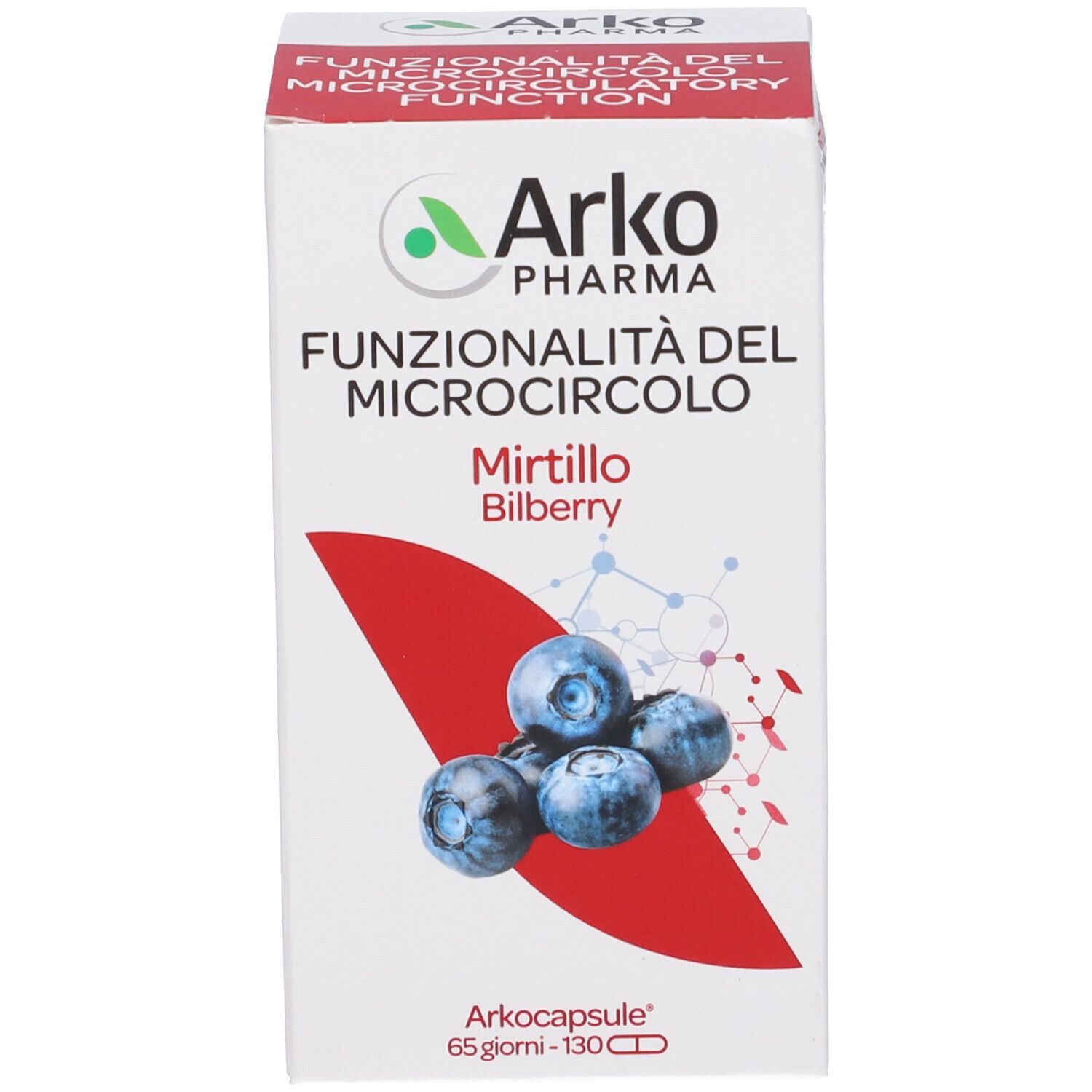 Scatola bianca con informazioni sul prodotto e mirtilli. Marca: Arko Pharma. 65 giorni, 130 capsule.