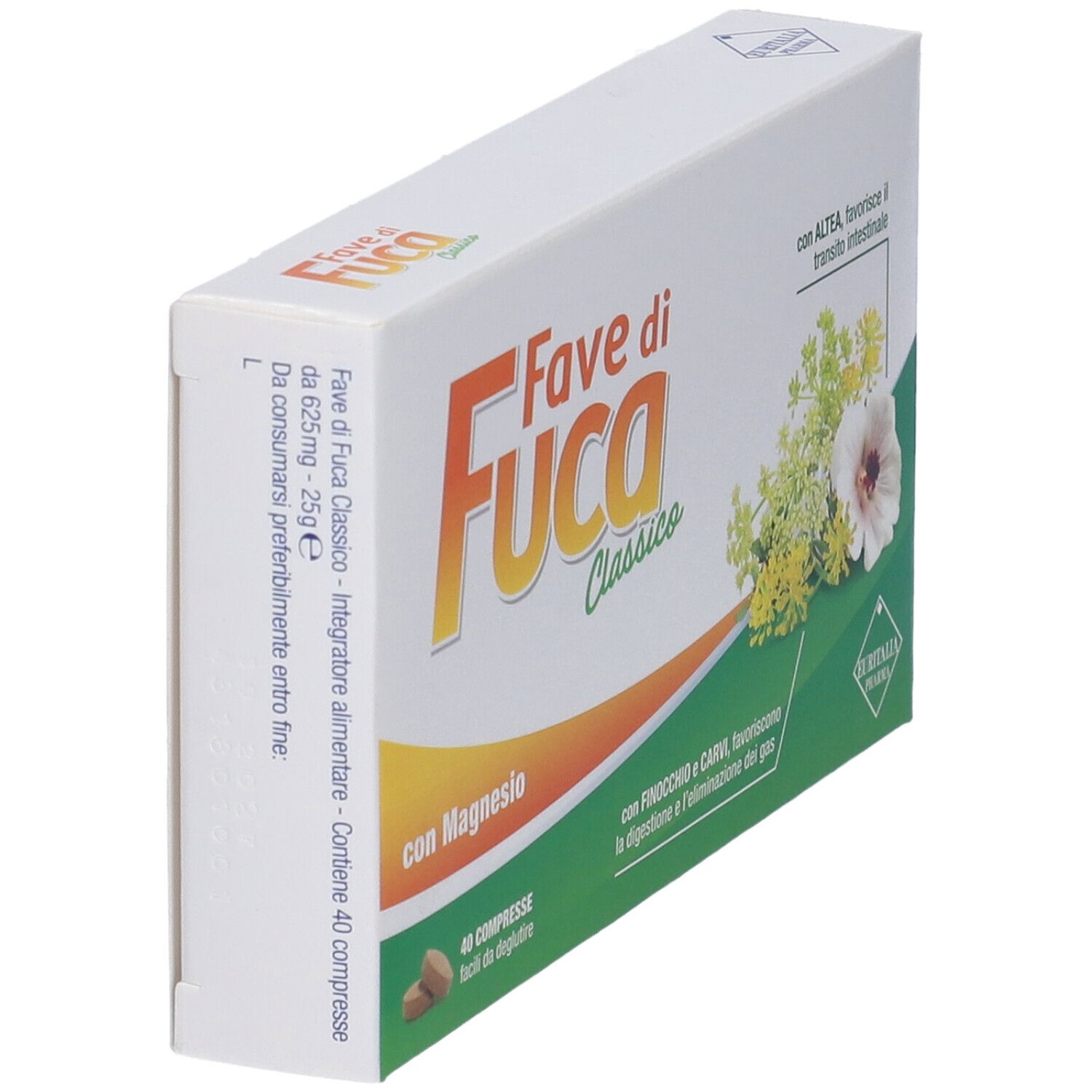 Scatola angolata di "Fave di Fuca Classico Compresse". Contiene 40 compresse. Confezione con nome e logo del prodotto.