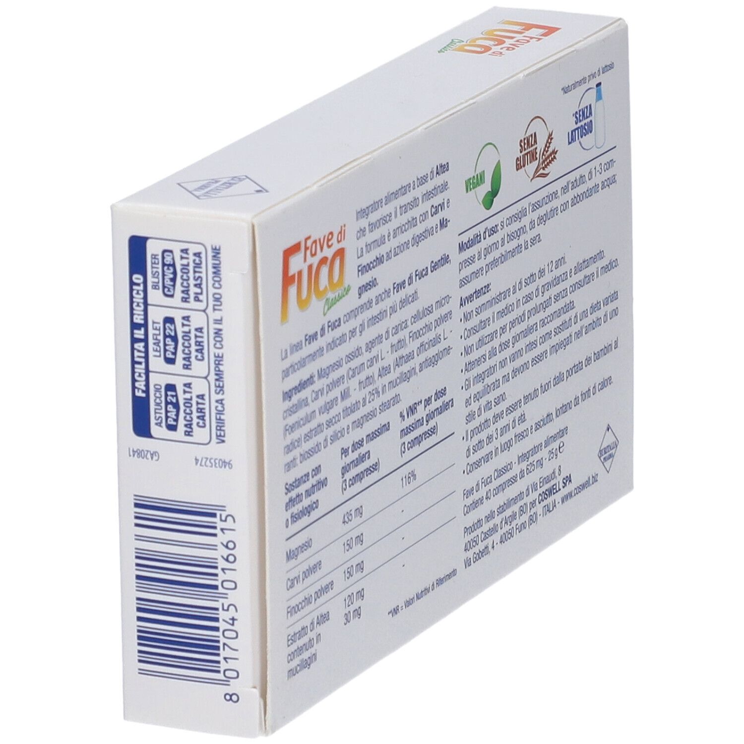 Retro scatola "Fave di Fuca Classico Compresse". Informazioni su ingredienti e uso. Simboli di riciclo.