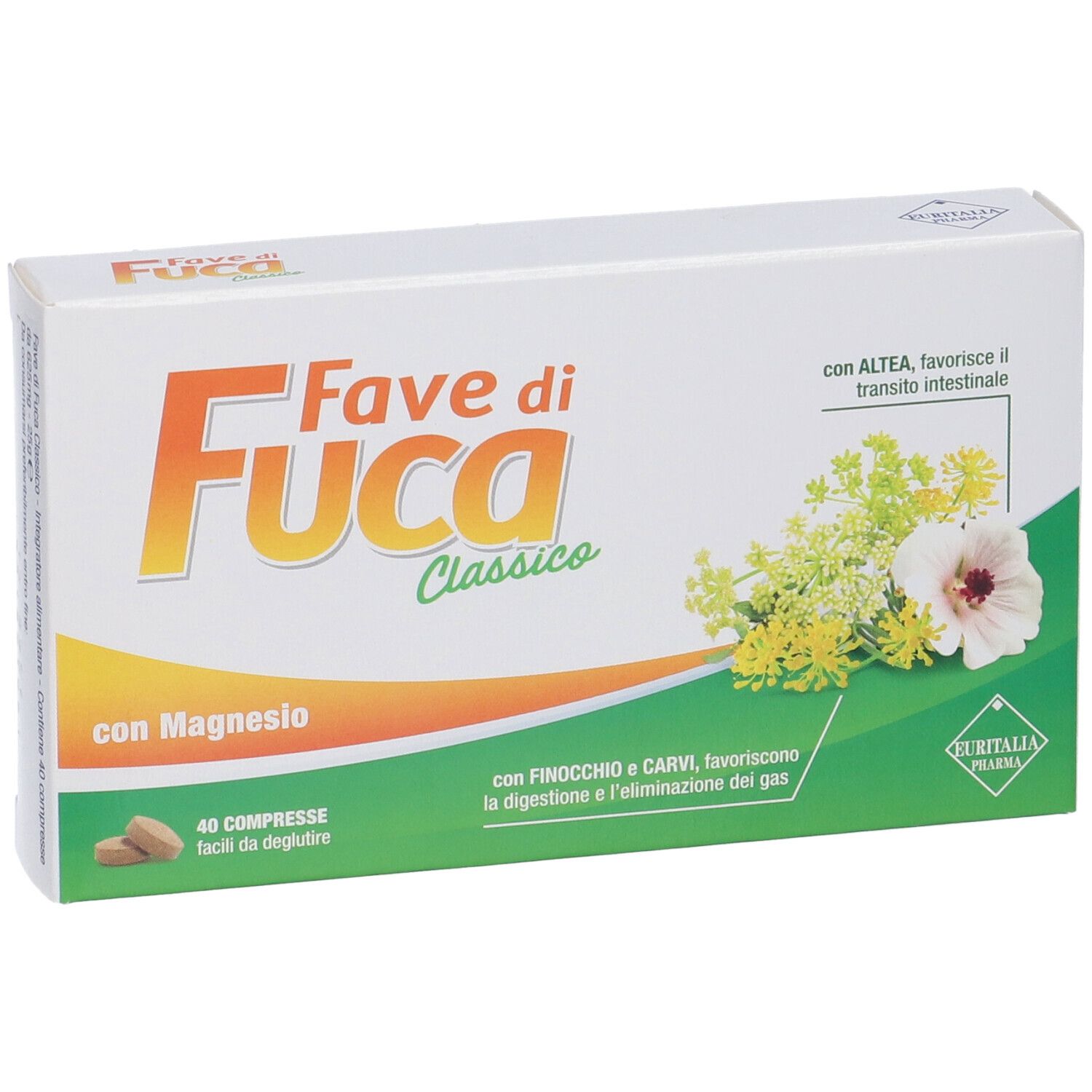 Scatola "Fave di Fuca Classico Compresse". Contiene 40 compresse. Confezione verde e bianca con nome e logo.