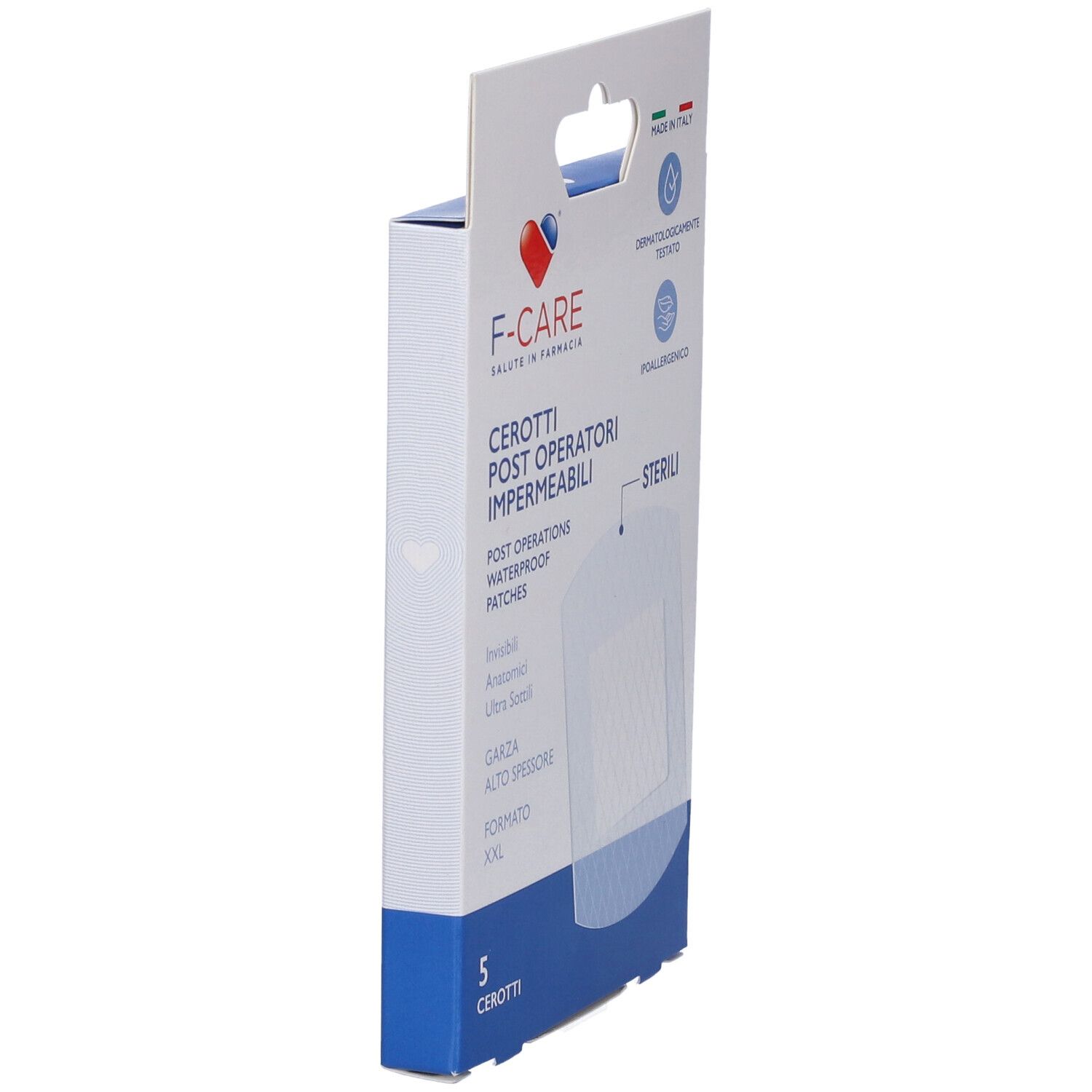 Confezione di cerotti F-Care. Post operatori, impermeabili, sterili. Made in Italy. Dermatologicamente testato.