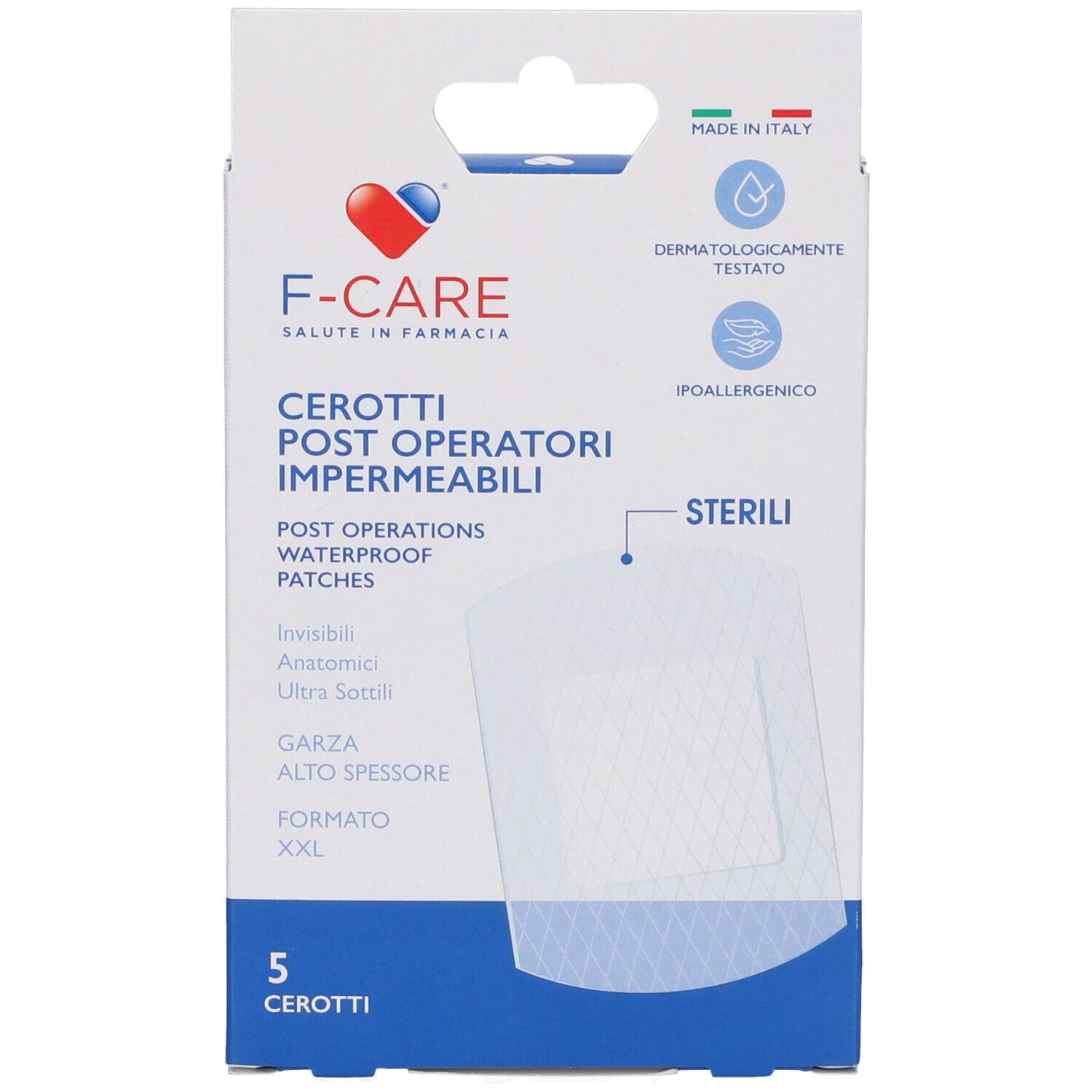 Confezione di cerotti F-Care. Cerotti post operatori impermeabili, sterili, 5 pezzi. Formato XXL.