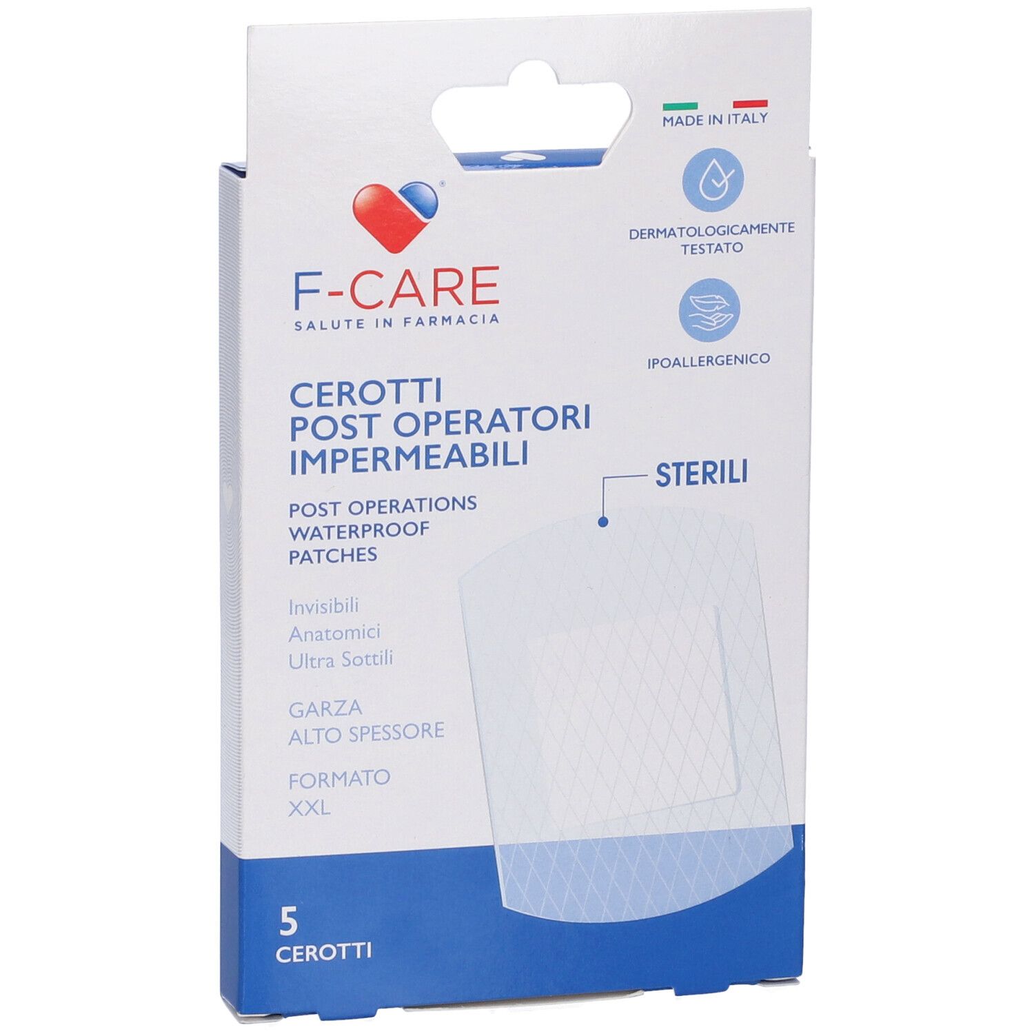 Confezione di cerotti F-Care. Cerotti post operatori impermeabili, sterili, 5 pezzi. Formato XXL.