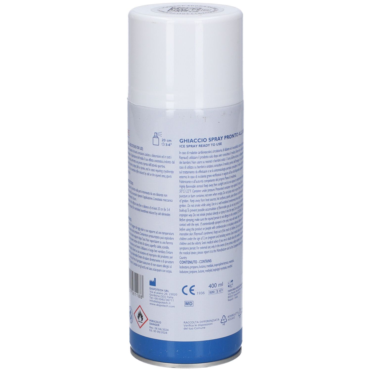 Bomboletta spray bianca e blu, retro con testo e marchio CE. Contiene informazioni e avvertenze. 400 ml.