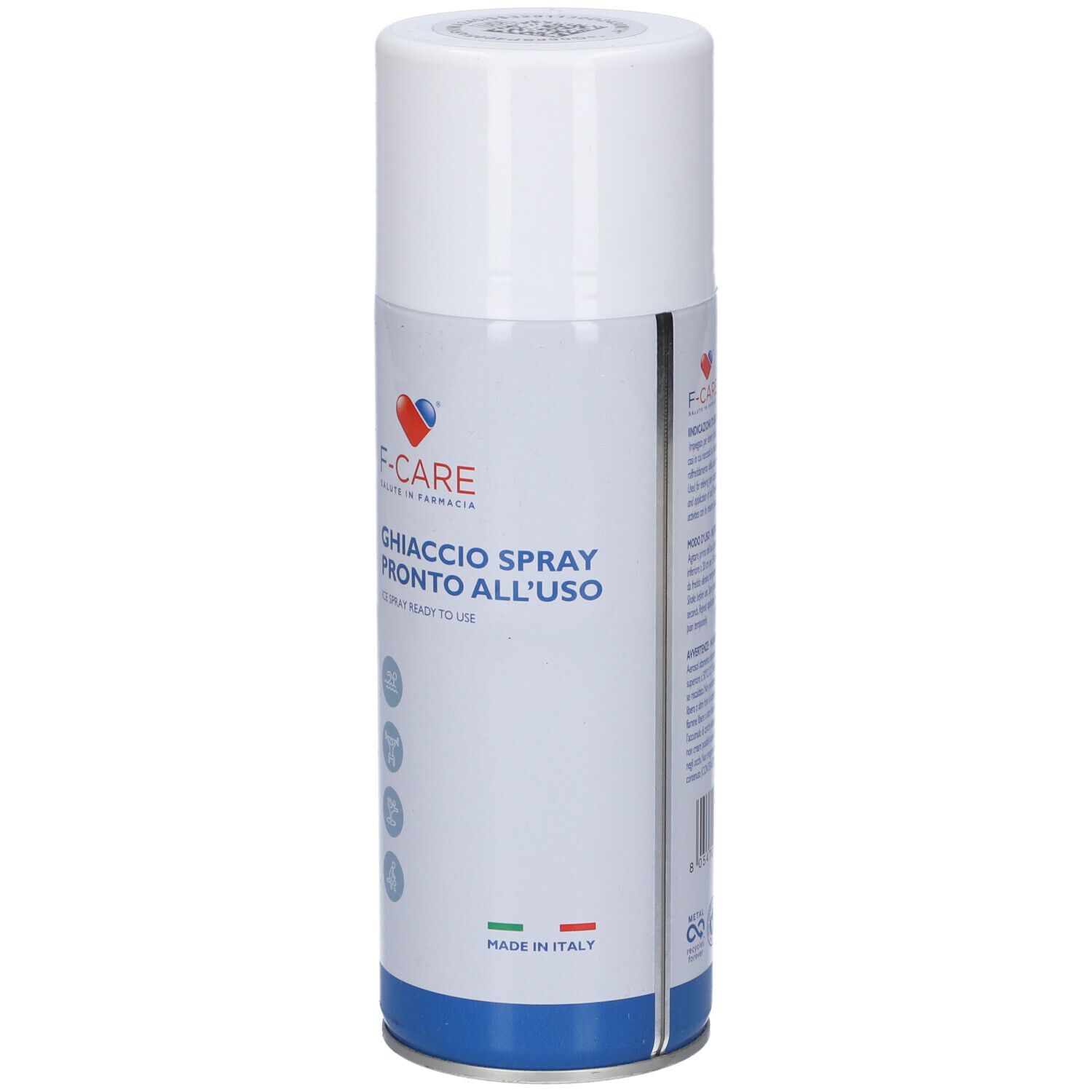 Bomboletta spray bianca e blu, leggermente inclinata. Logo a cuore rosso e testo. Scritta: Ghiaccio Spray Pronto all'Uso. Bandiera italiana.